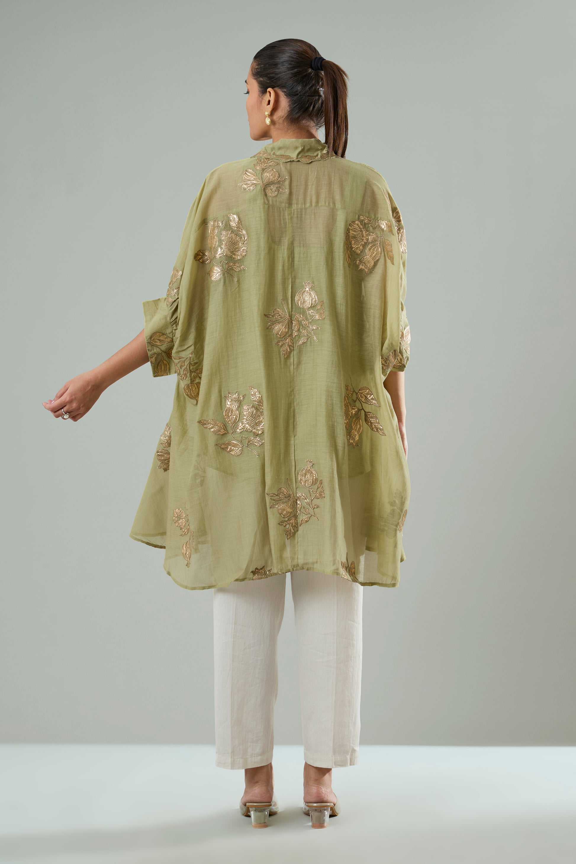 Mint Mul Chanderi Floral Gold Appliqué Top