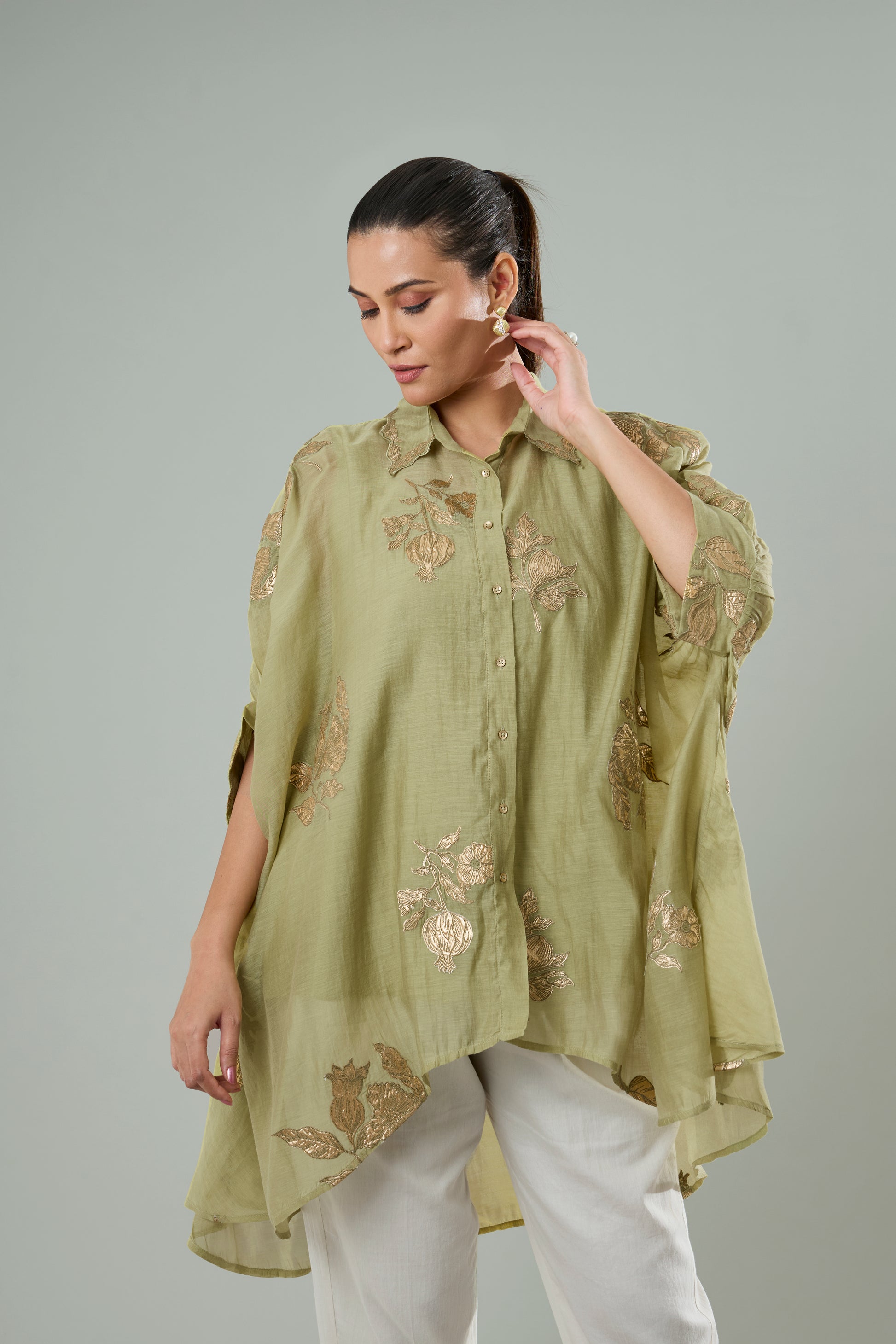 Mint Mul Chanderi Floral Gold Appliqué Top