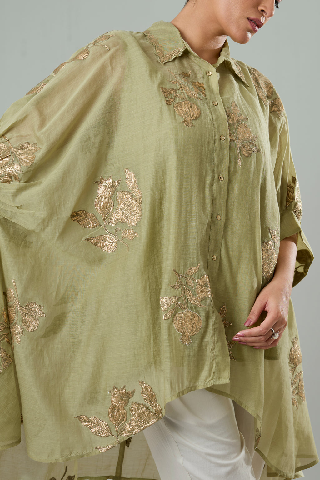 Mint Mul Chanderi Floral Gold Appliqué Top