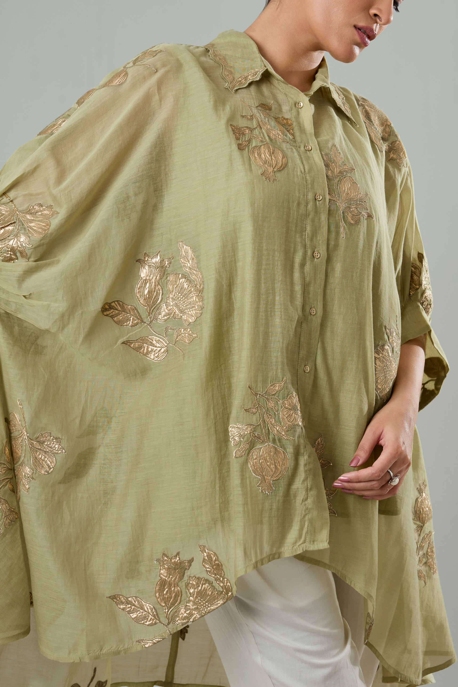Mint Mul Chanderi Floral Gold Appliqué Top