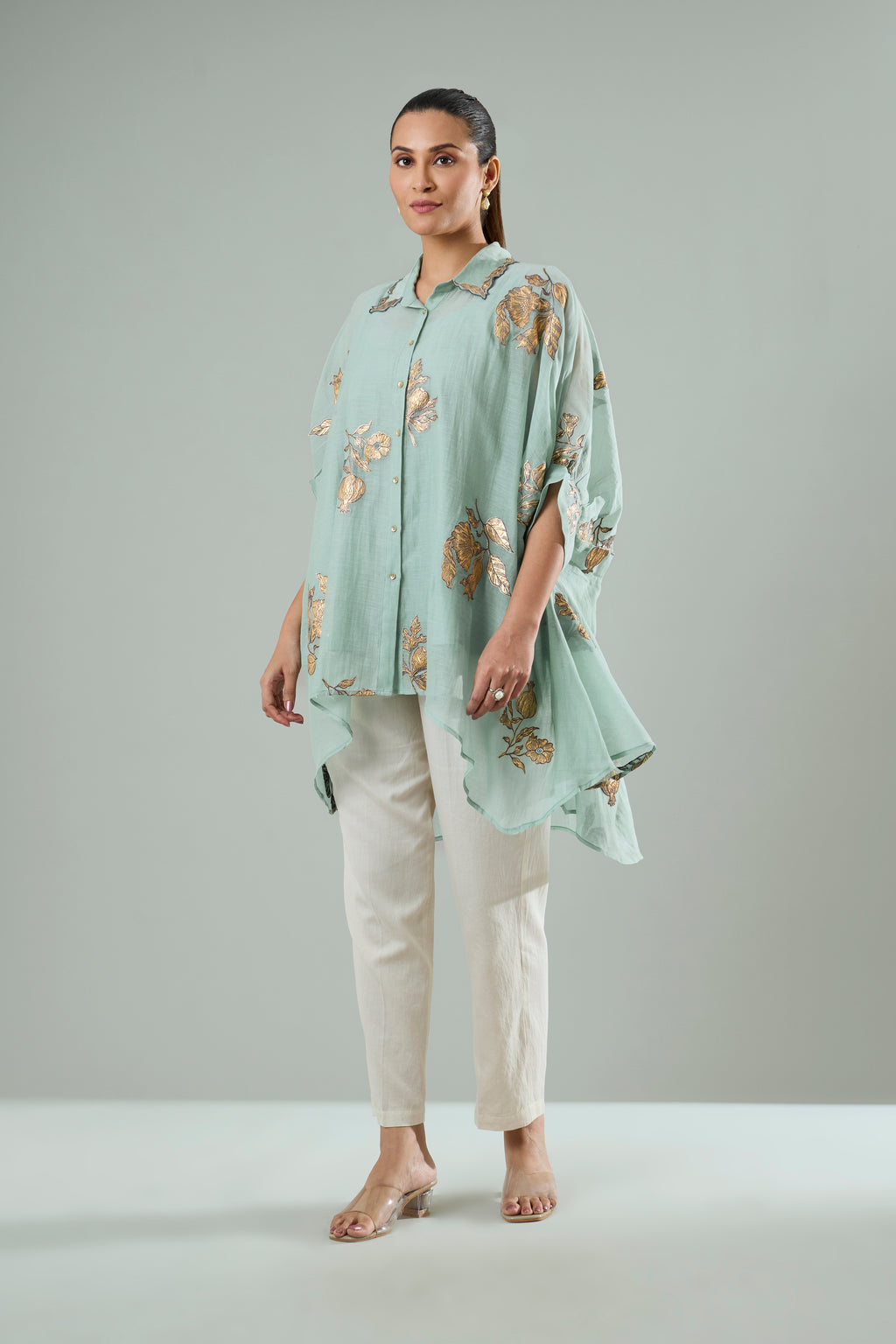 Sage Blue Mul Chanderi Floral Gold Appliqué Top