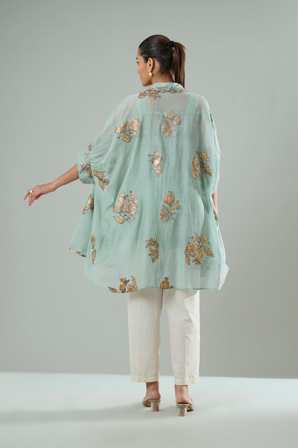 Sage Blue Mul Chanderi Floral Gold Appliqué Top