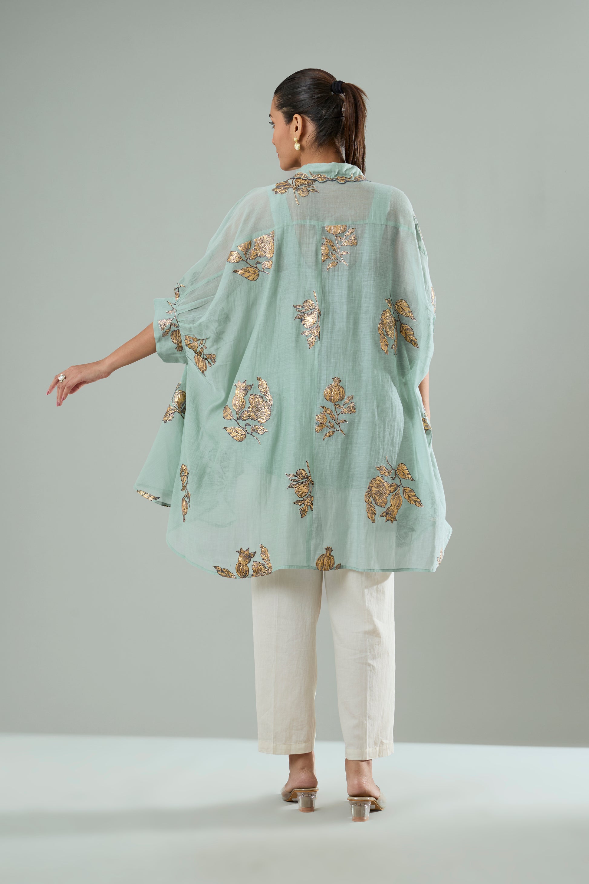 Sage Blue Mul Chanderi Floral Gold Appliqué Top