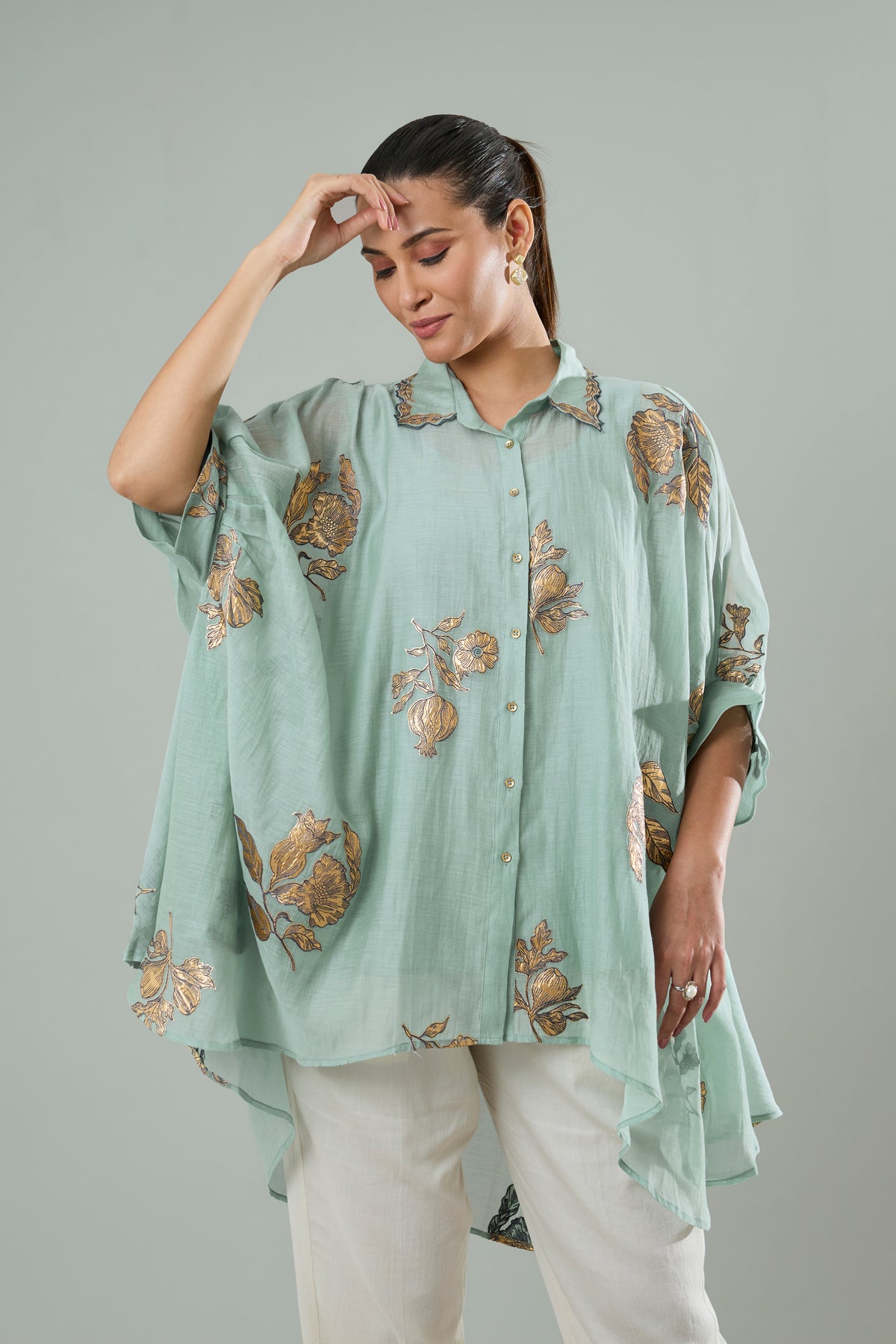 Sage Blue Mul Chanderi Floral Gold Appliqué Top
