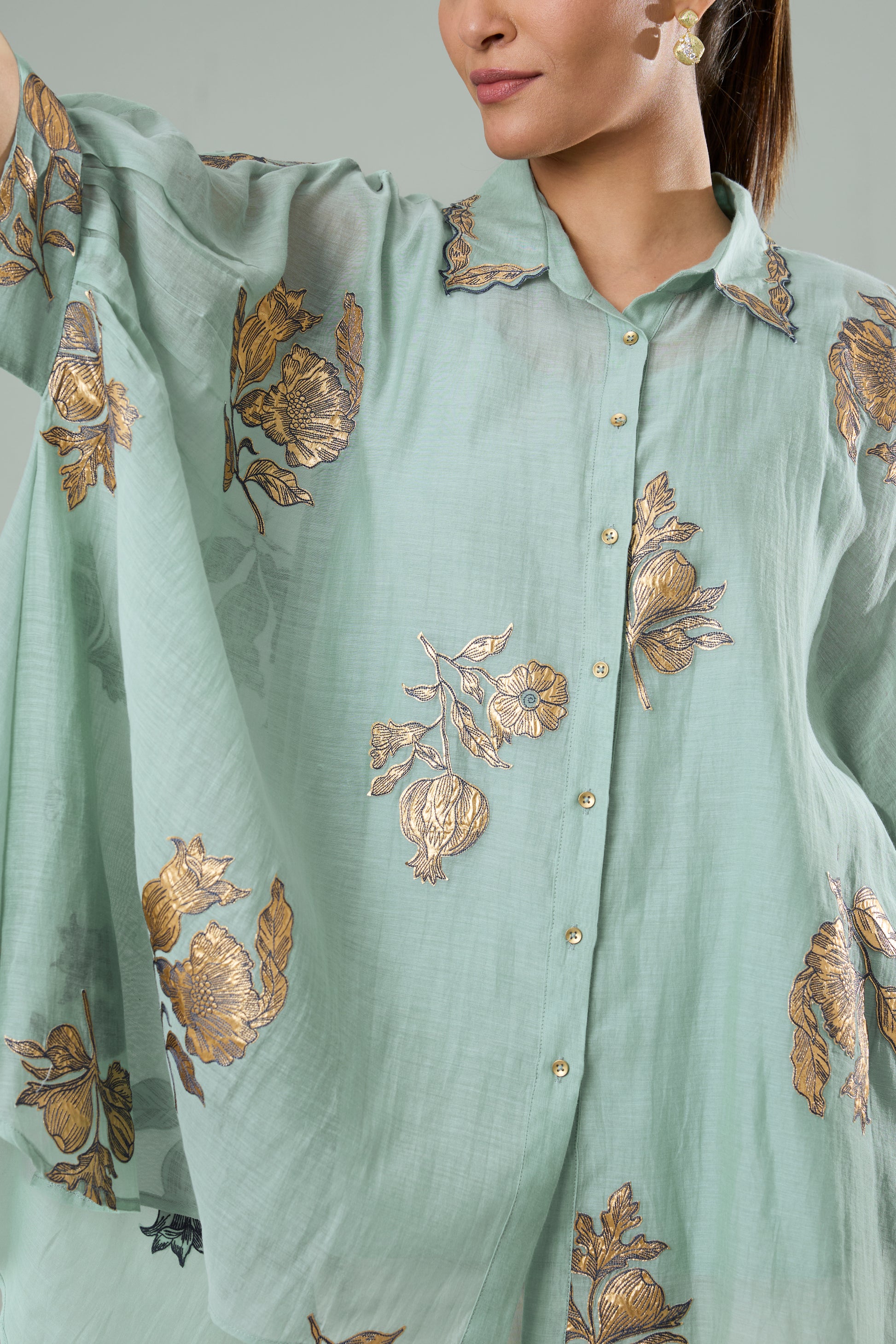 Sage Blue Mul Chanderi Floral Gold Appliqué Top