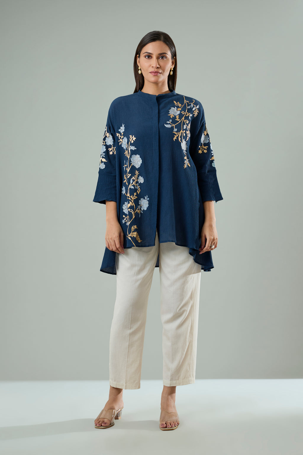Navy Crush Cotton Cream and Gold Floral Appliqué Top