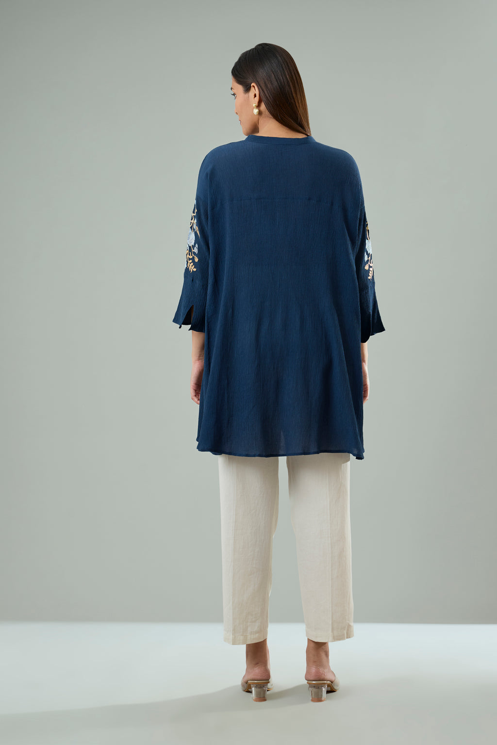 Navy Crush Cotton Cream and Gold Floral Appliqué Top