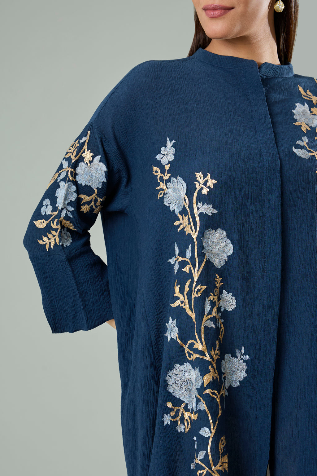 Navy Crush Cotton Cream and Gold Floral Appliqué Top