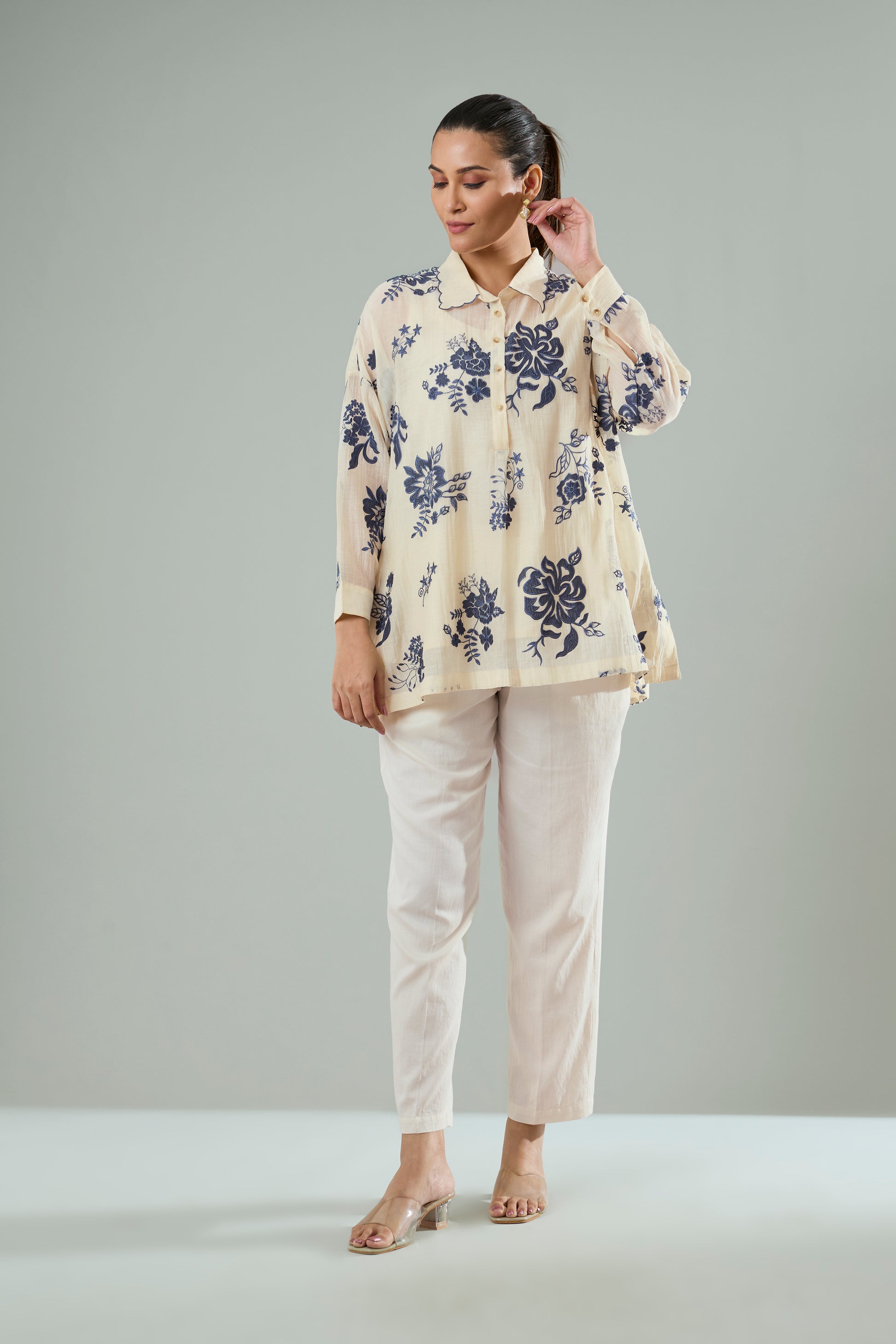 Chiku Mul Chanderi Top Navy Floral Appliqué Top