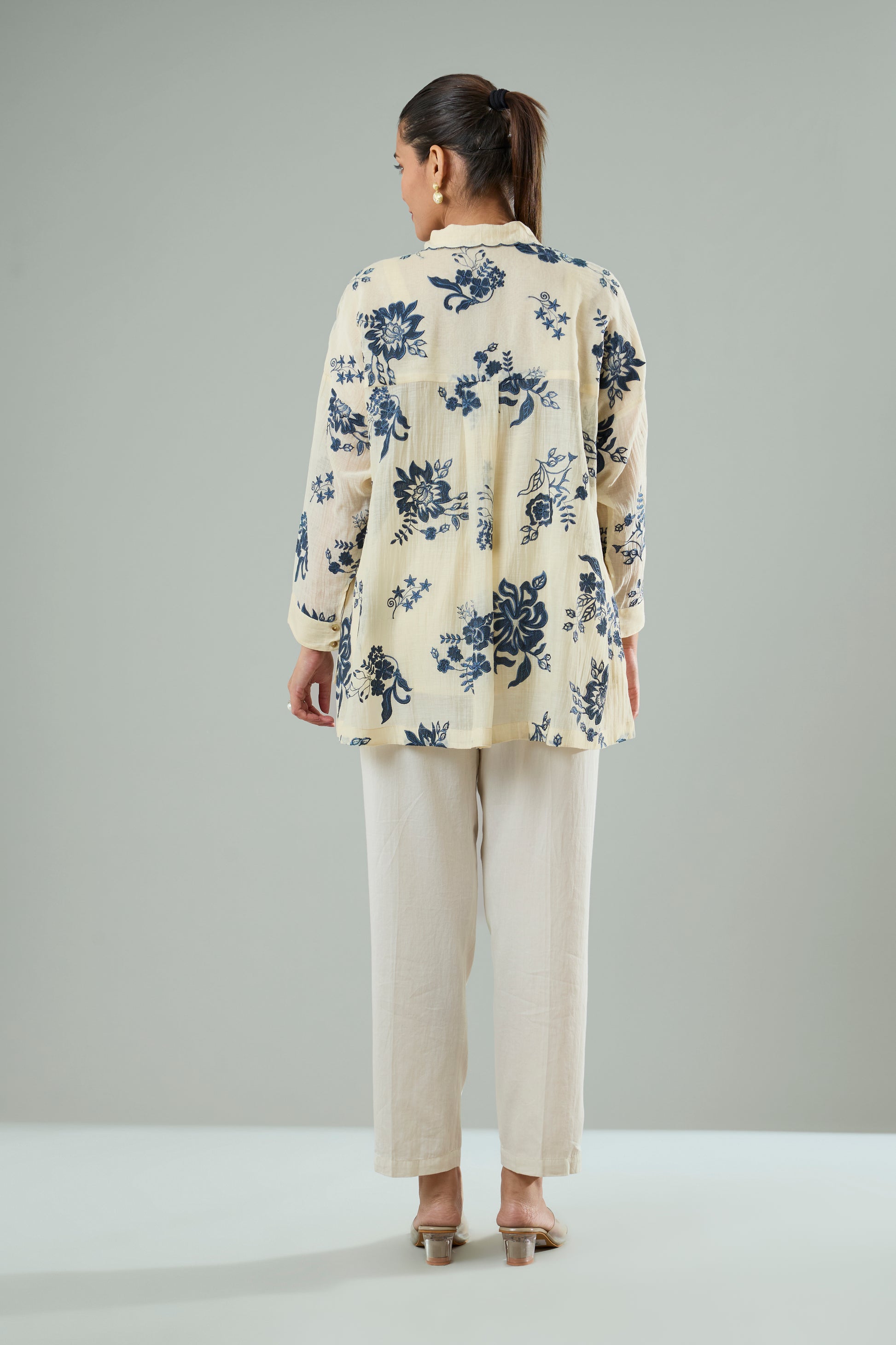 Chiku Mul Chanderi Top Navy Floral Appliqué Top