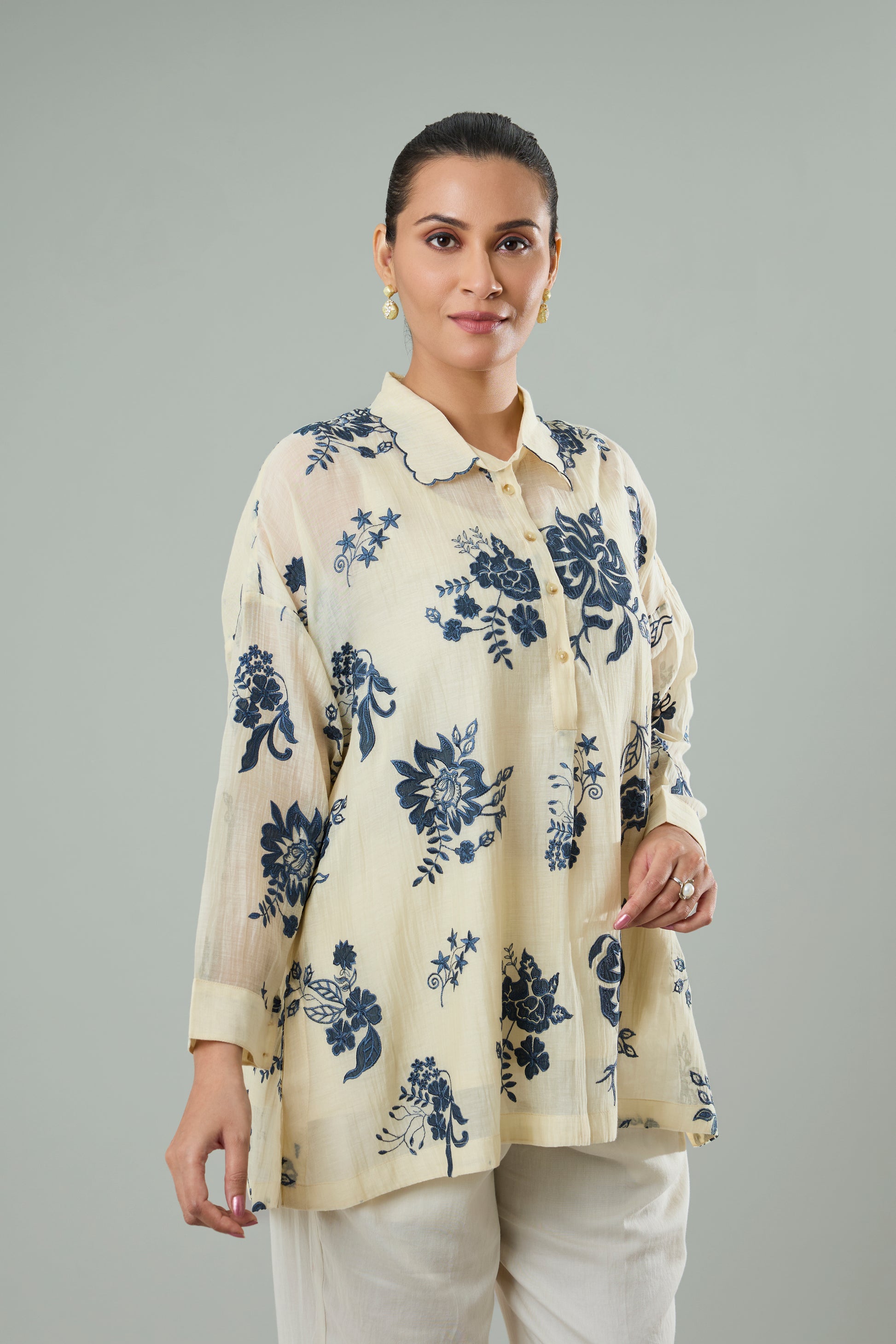 Chiku Mul Chanderi Top Navy Floral Appliqué Top