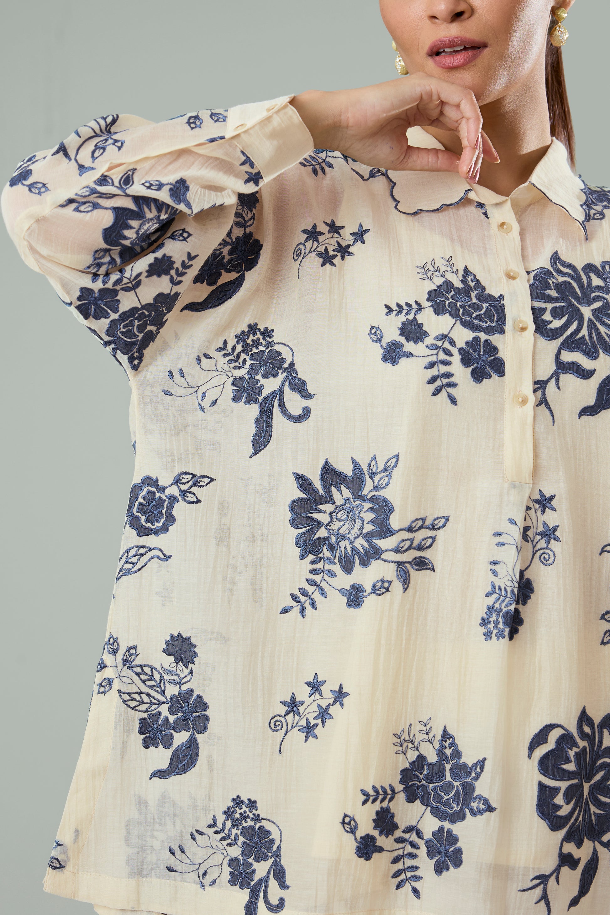 Chiku Mul Chanderi Top Navy Floral Appliqué Top