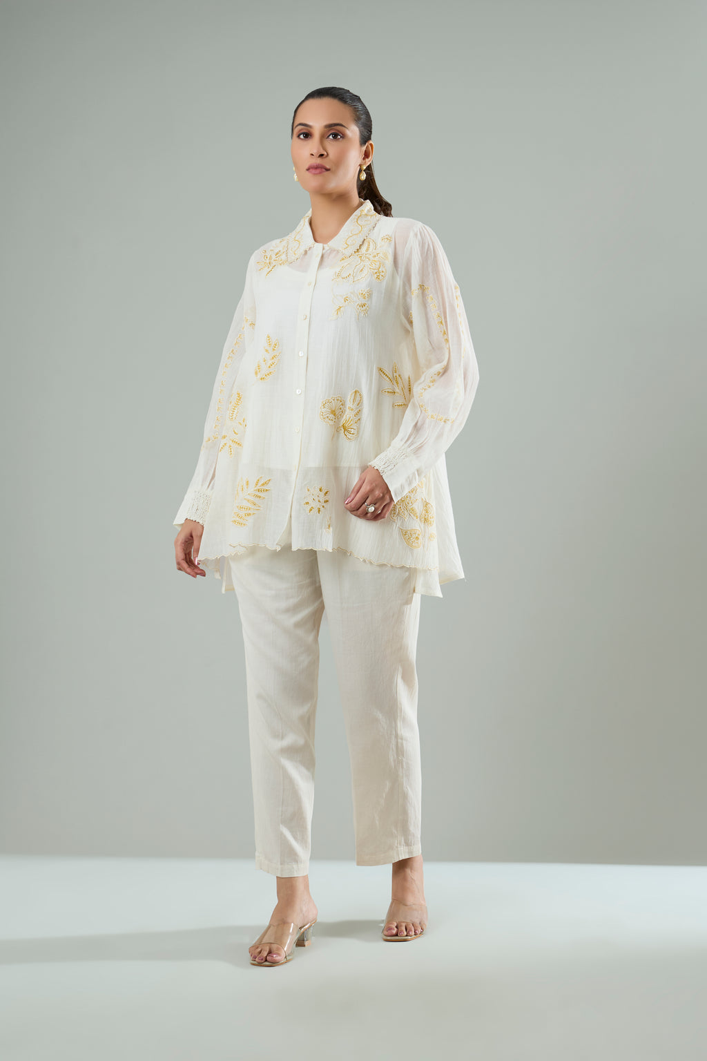 Cream Mul Chanderi Mustard Embroidered Appliqué Top
