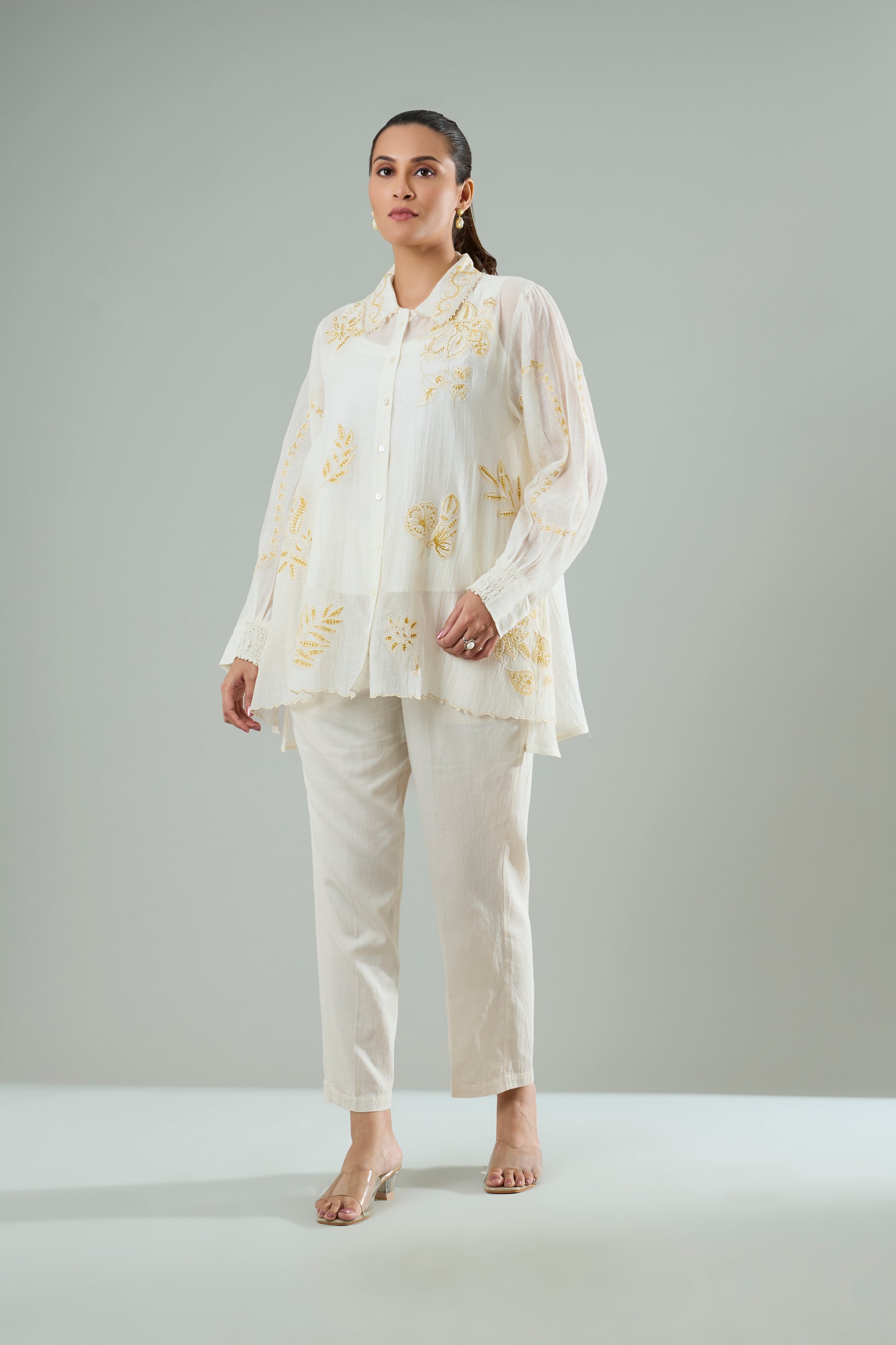 Cream Mul Chanderi Mustard Embroidered Appliqué Top