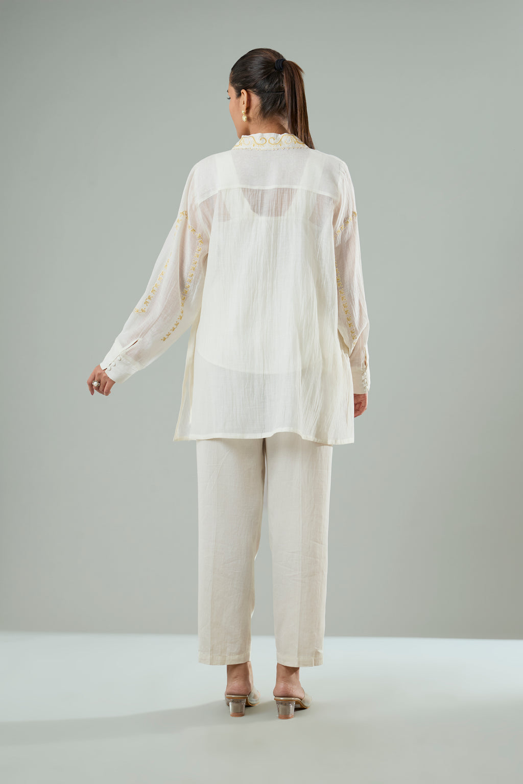Cream Mul Chanderi Mustard Embroidered Appliqué Top
