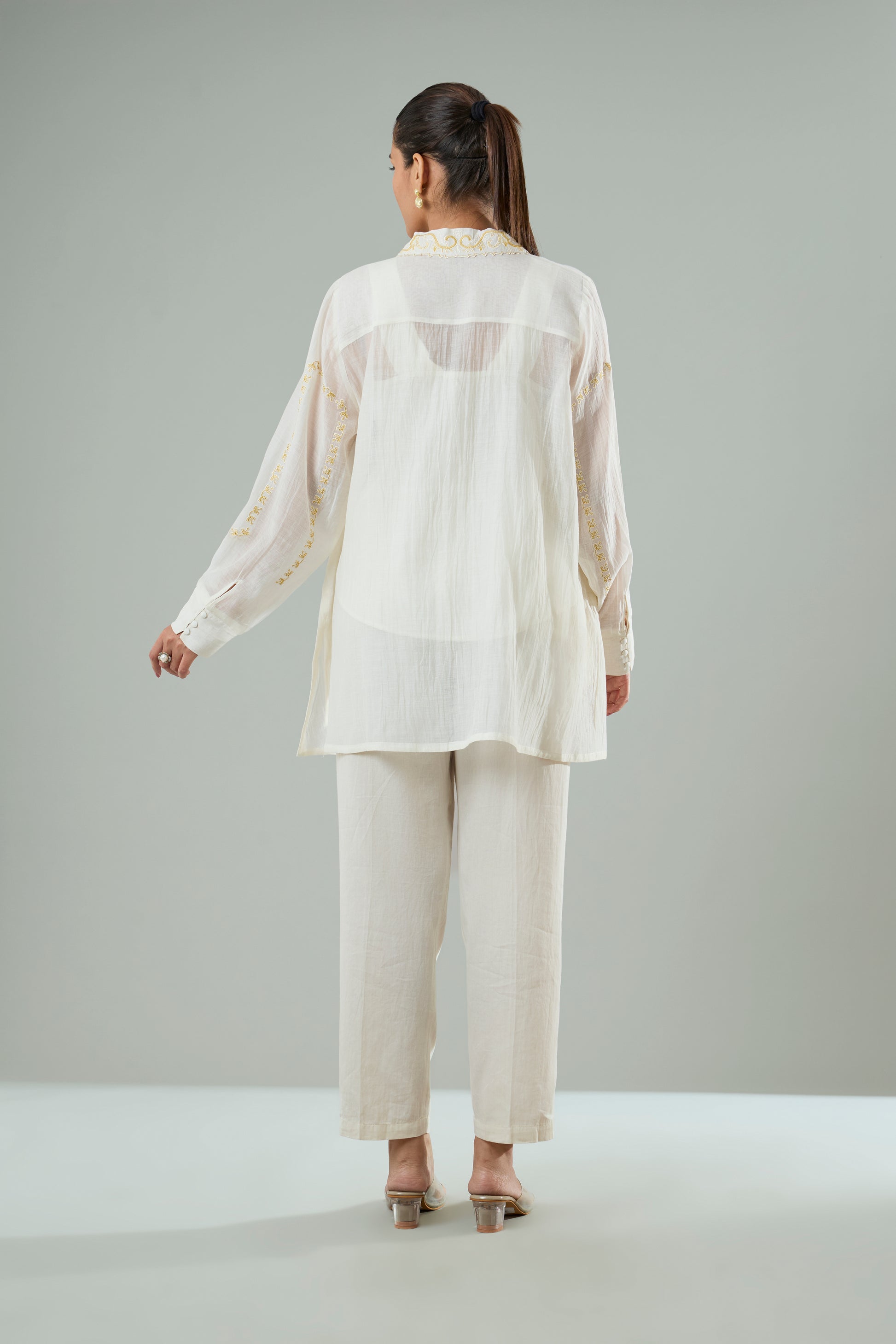 Cream Mul Chanderi Mustard Embroidered Appliqué Top