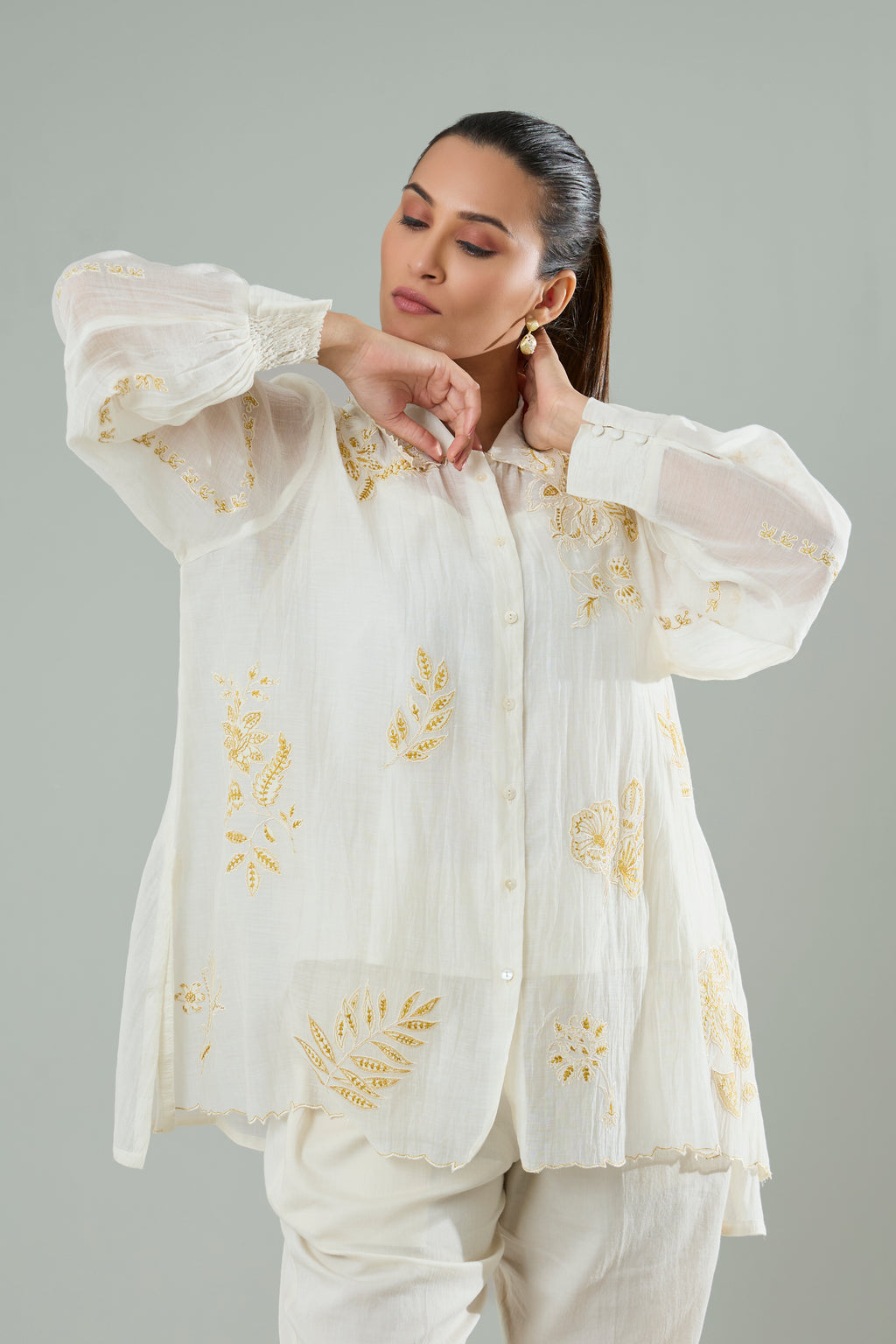 Cream Mul Chanderi Mustard Embroidered Appliqué Top