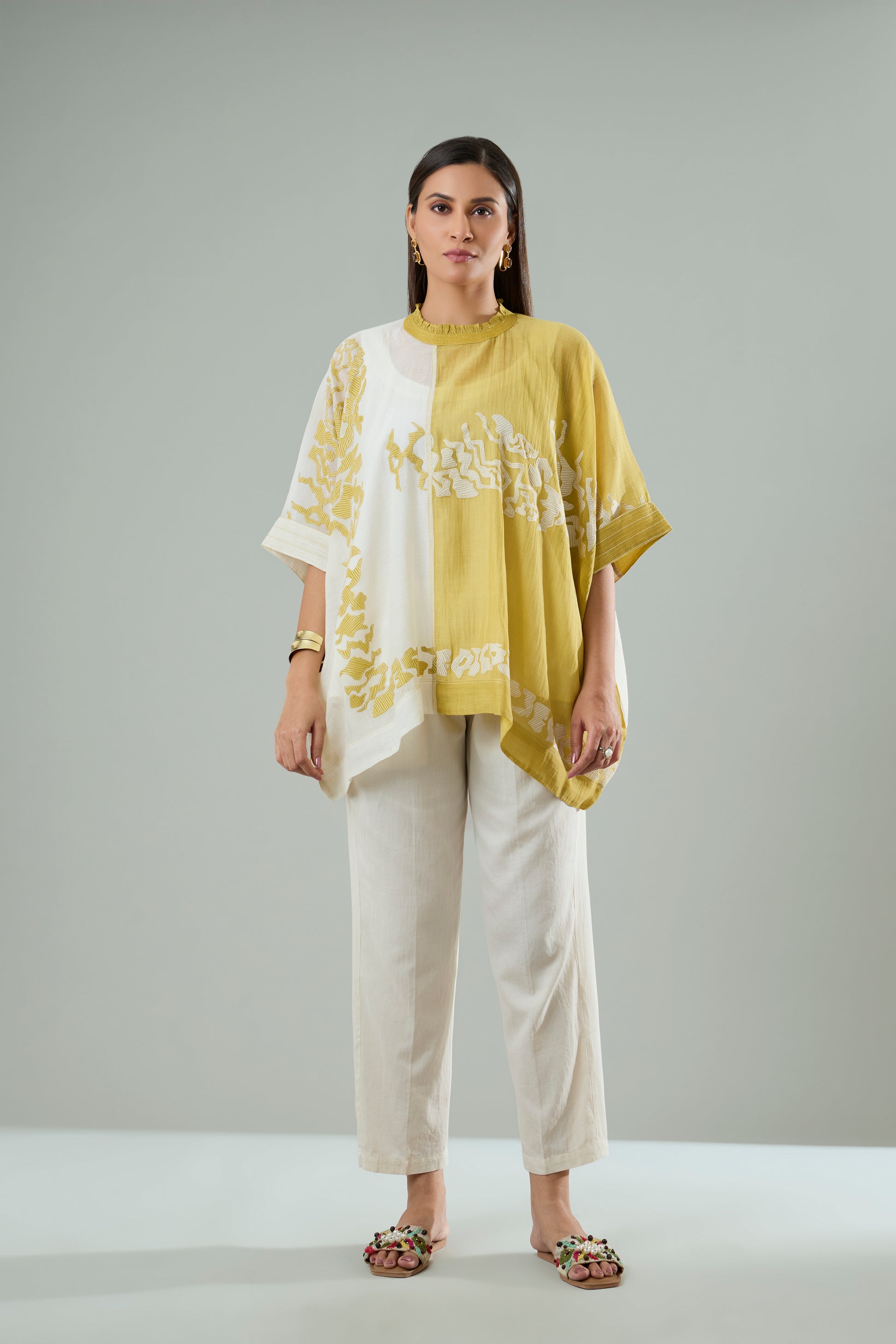 Cream & Mustard Mul Chanderi Appliqué Top