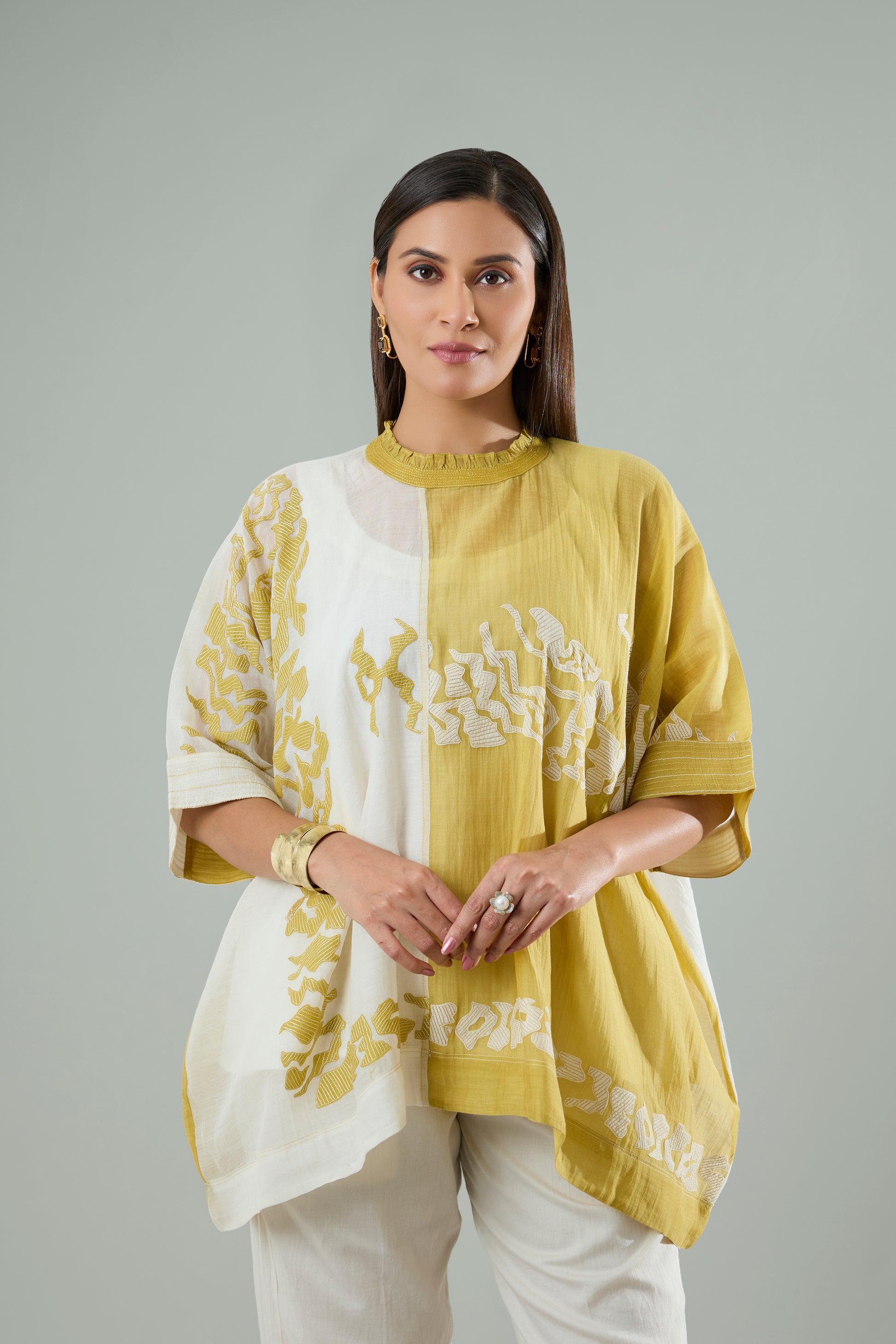 Cream & Mustard Mul Chanderi Appliqué Top