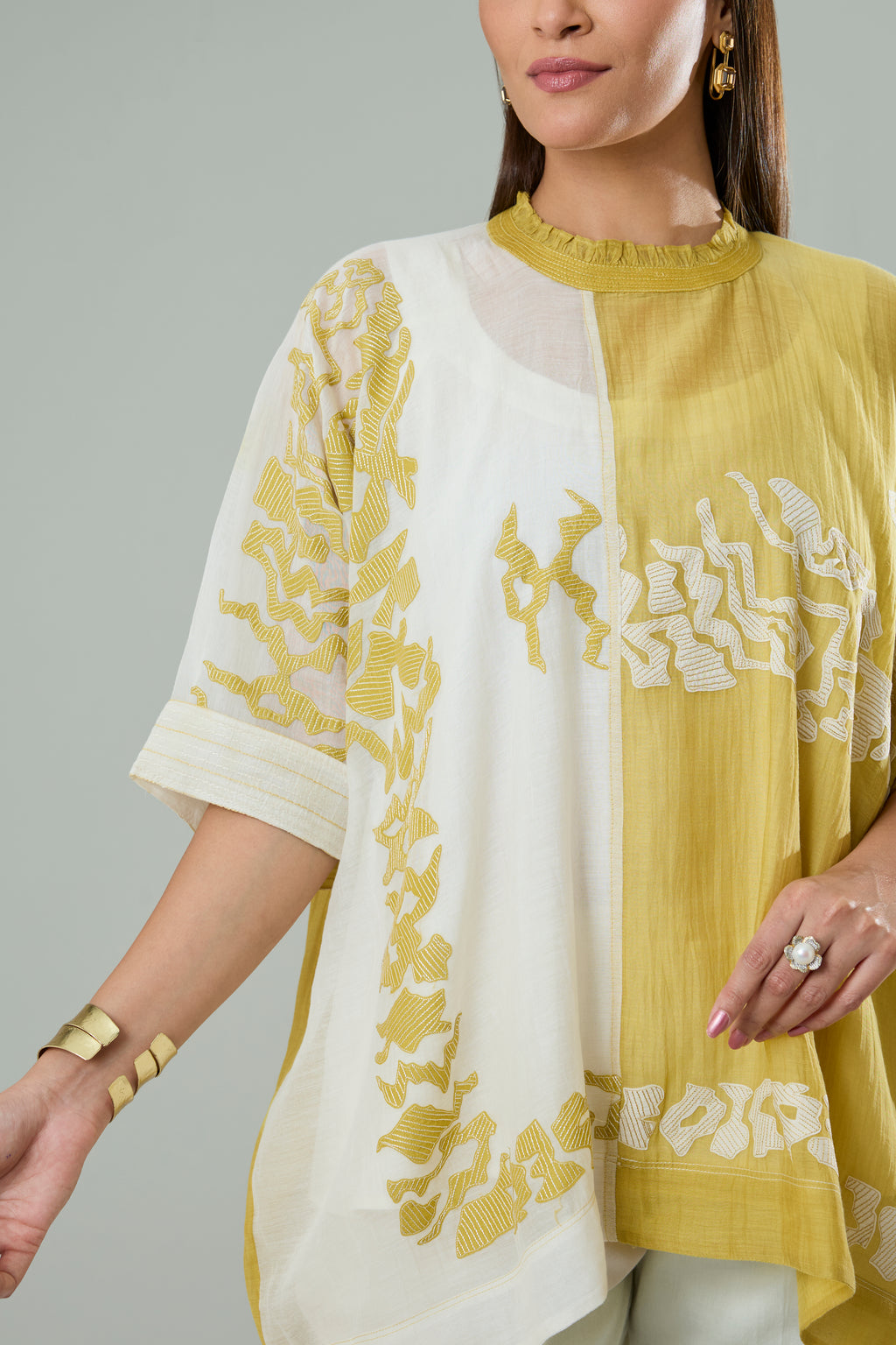 Cream & Mustard Mul Chanderi Appliqué Top