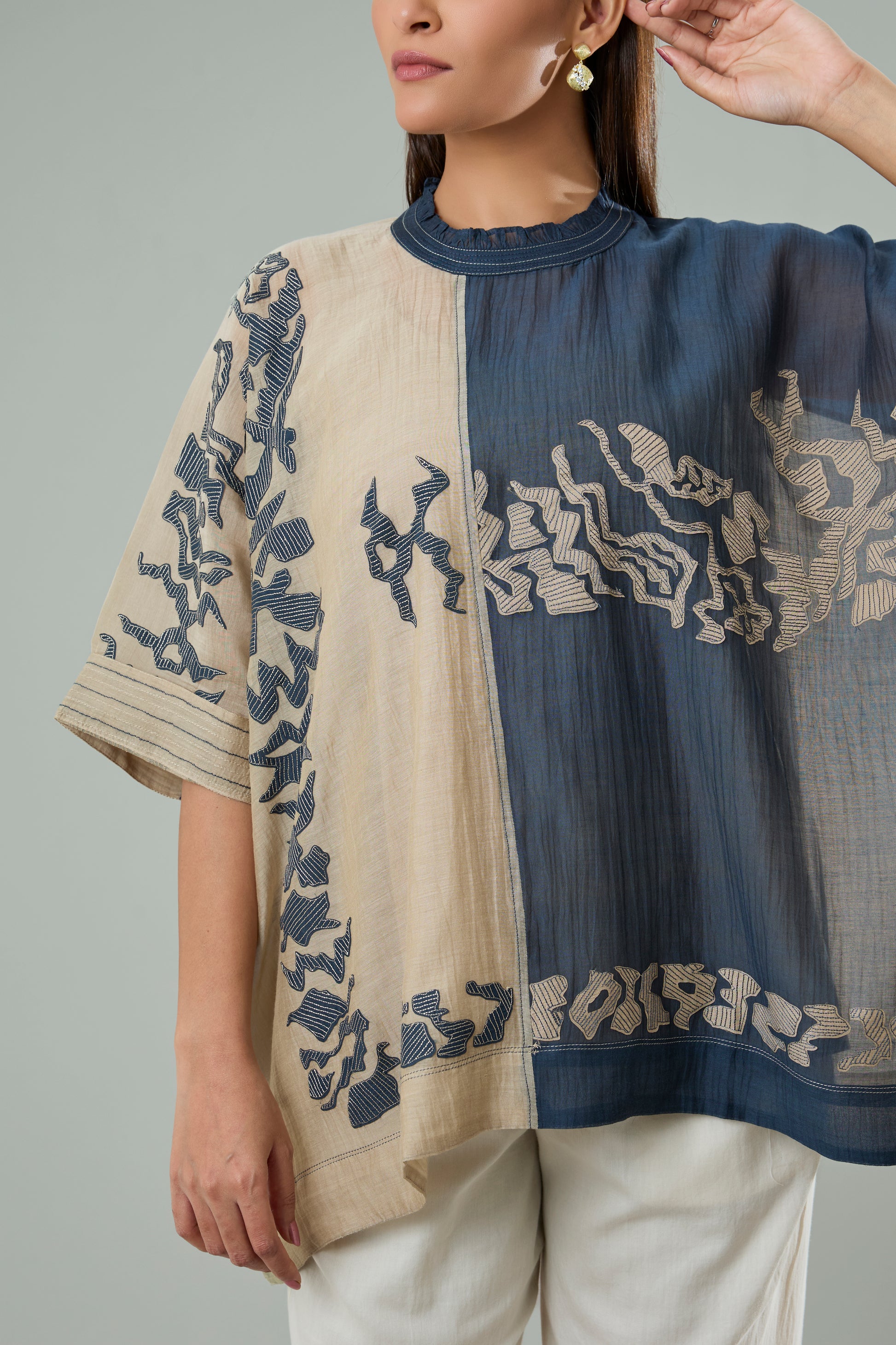 Chiku & Navy Mul Chanderi Appliqué Top