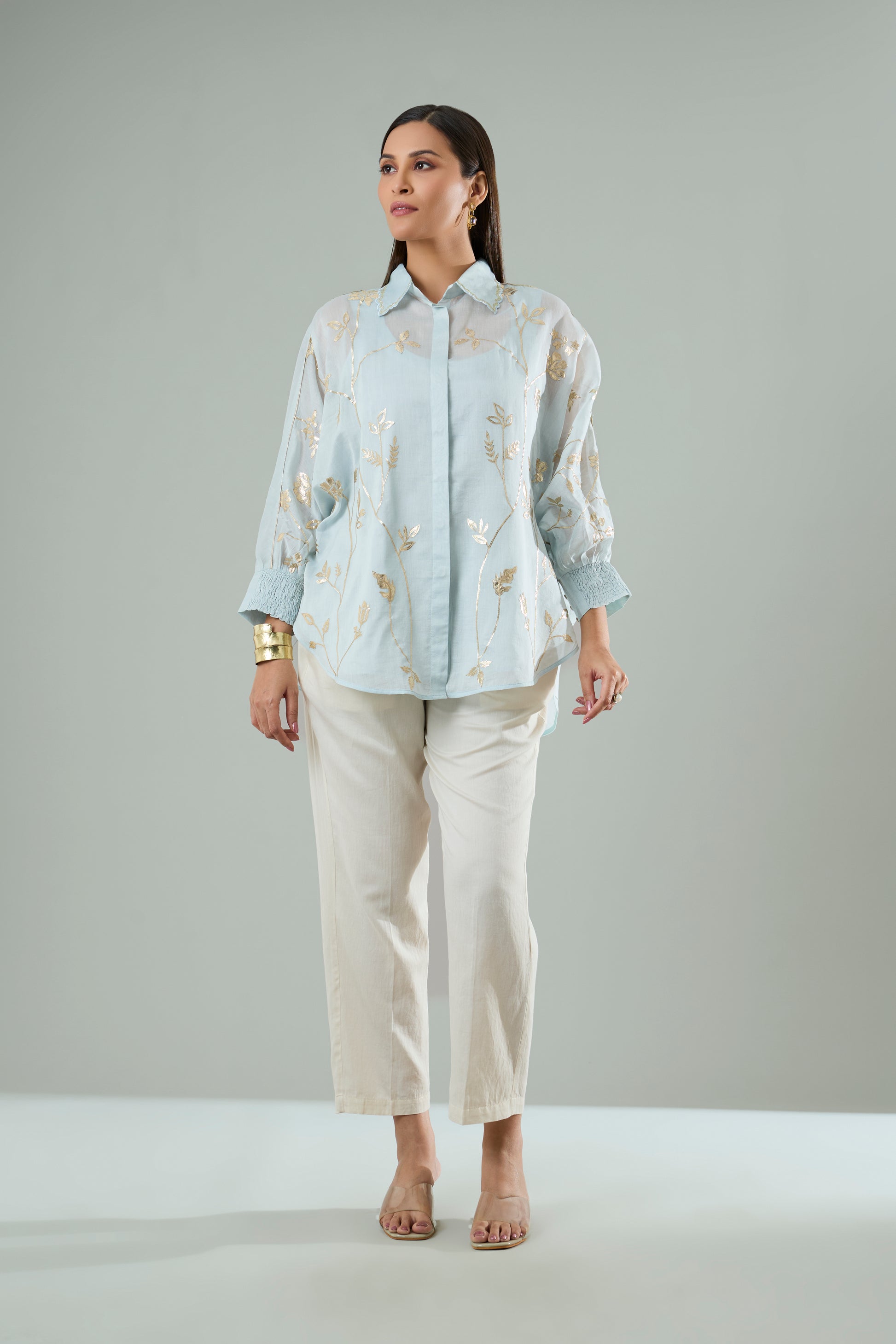Ice Blue Embroidered Mul Chanderi Gold Appliqué Top