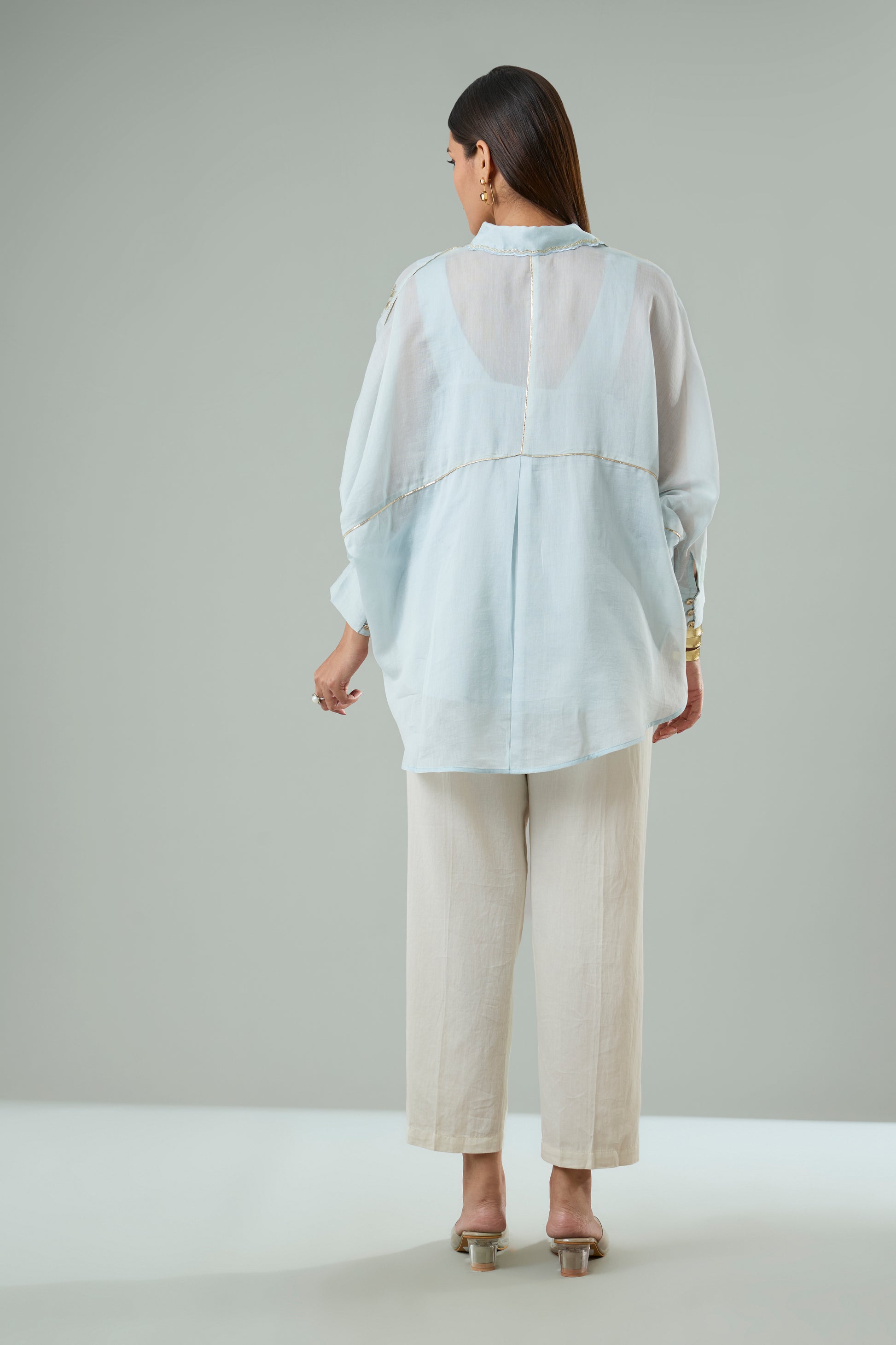 Ice Blue Embroidered Mul Chanderi Gold Appliqué Top