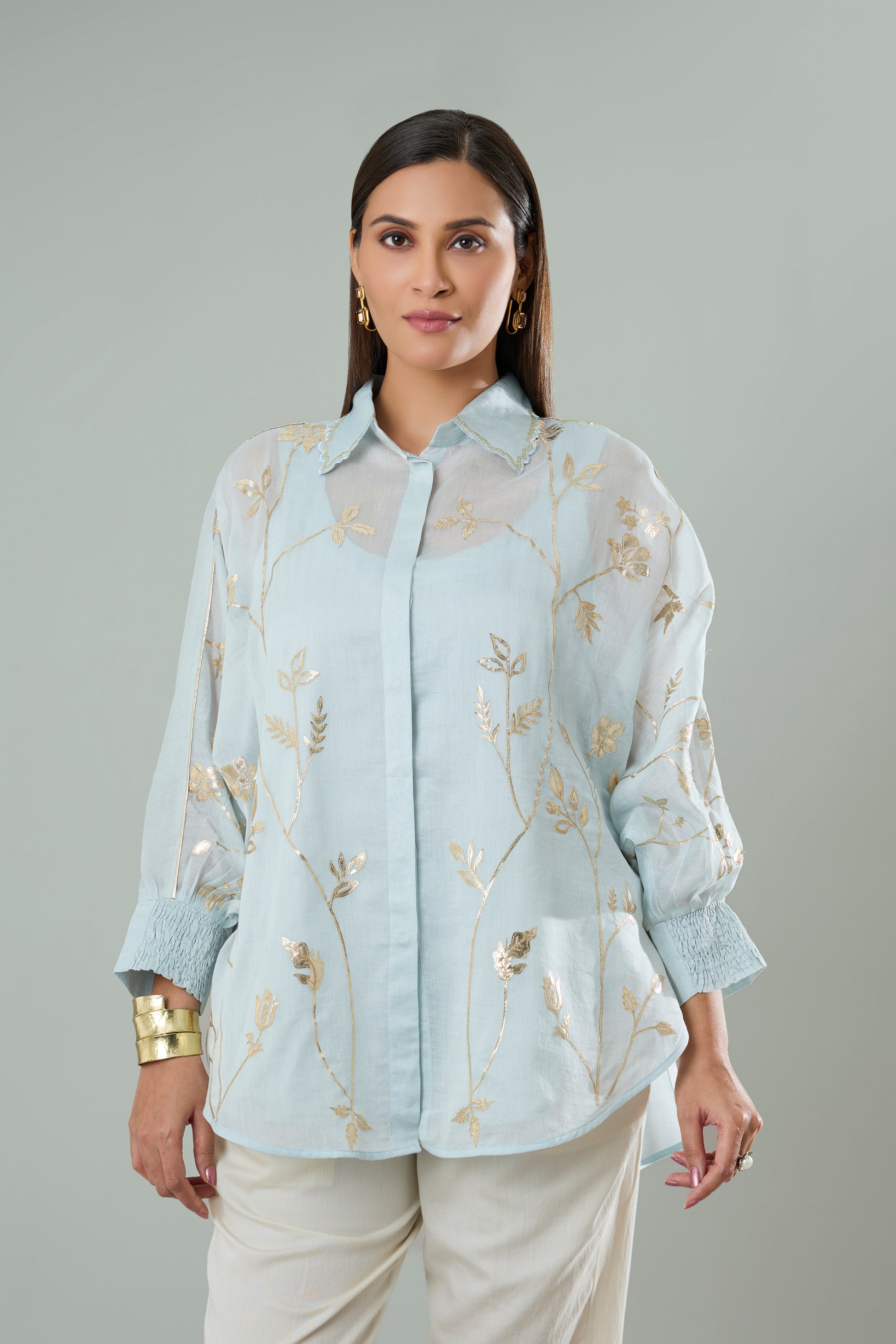 Ice Blue Embroidered Mul Chanderi Gold Appliqué Top