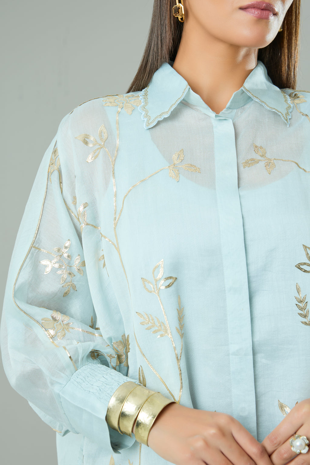 Ice Blue Embroidered Mul Chanderi Gold Appliqué Top