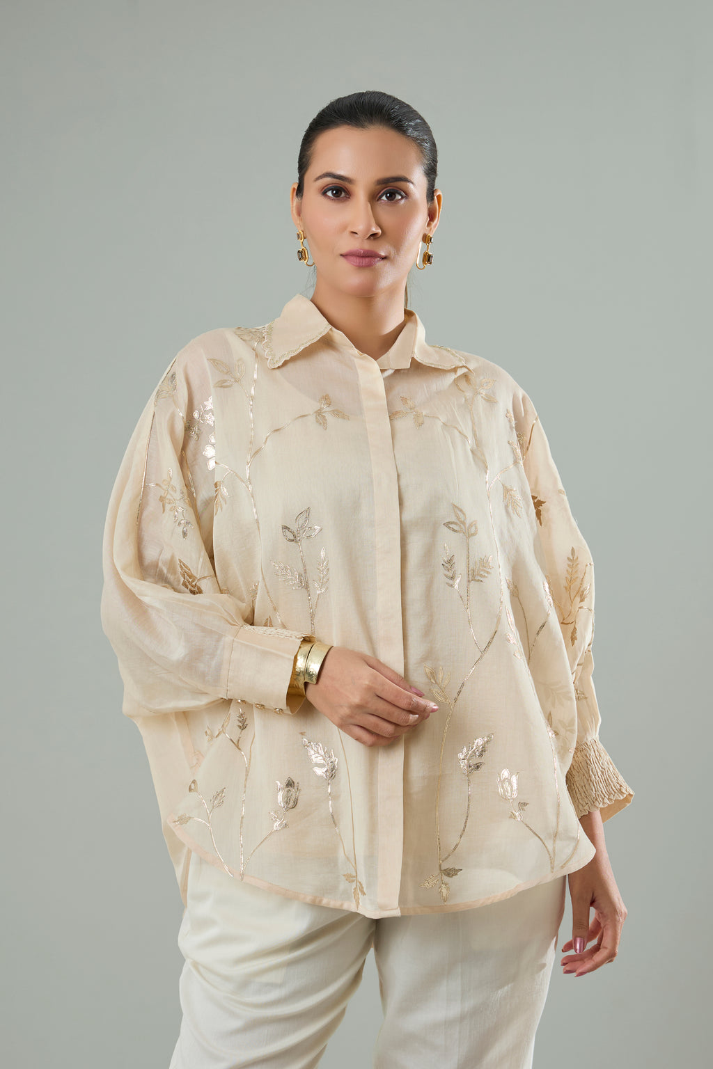 Chiku Embroidered Mul Chanderi Gold Appliqué Top