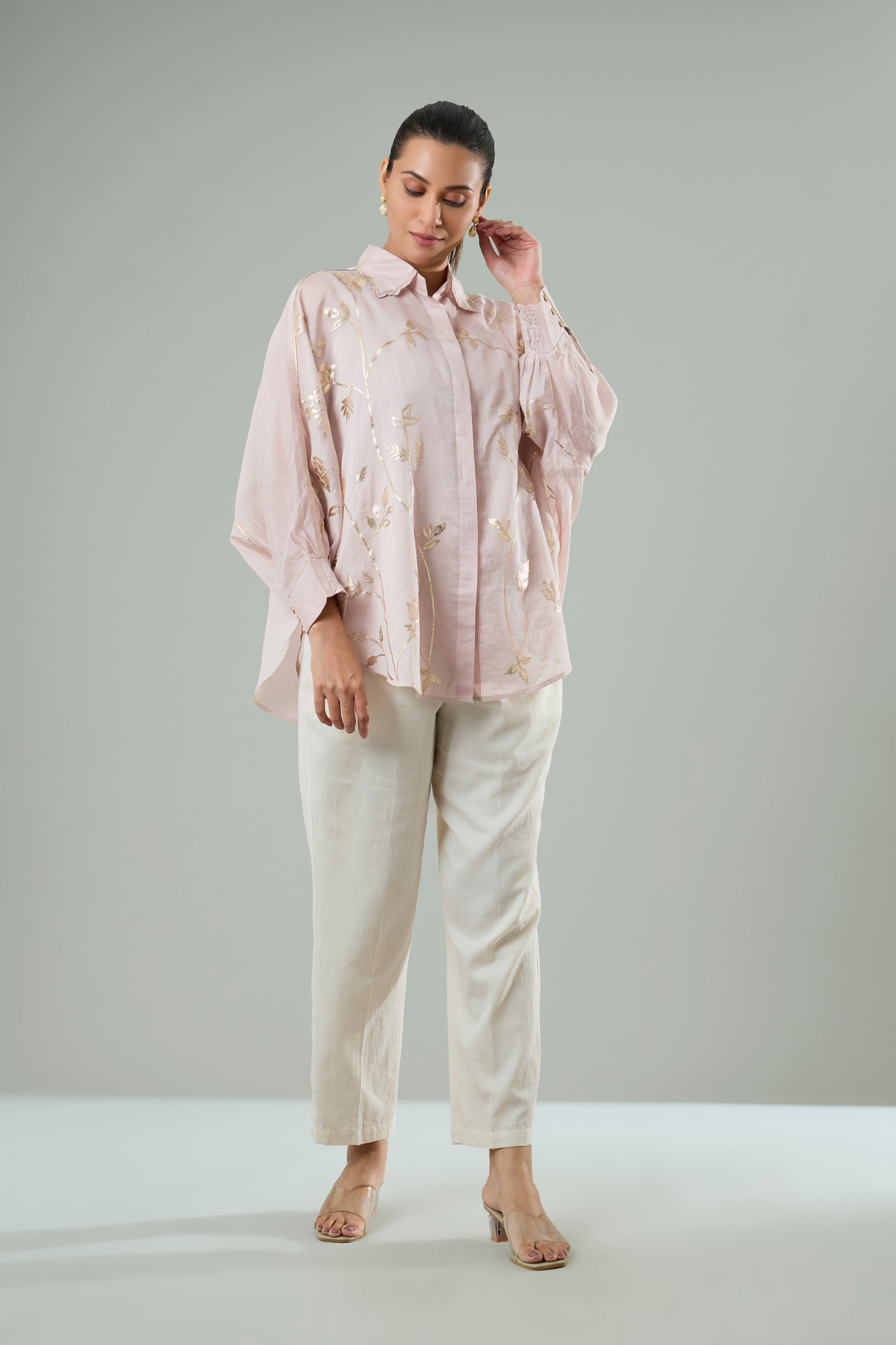 Lilac Embroidered Mul Chanderi Gold Appliqué Top