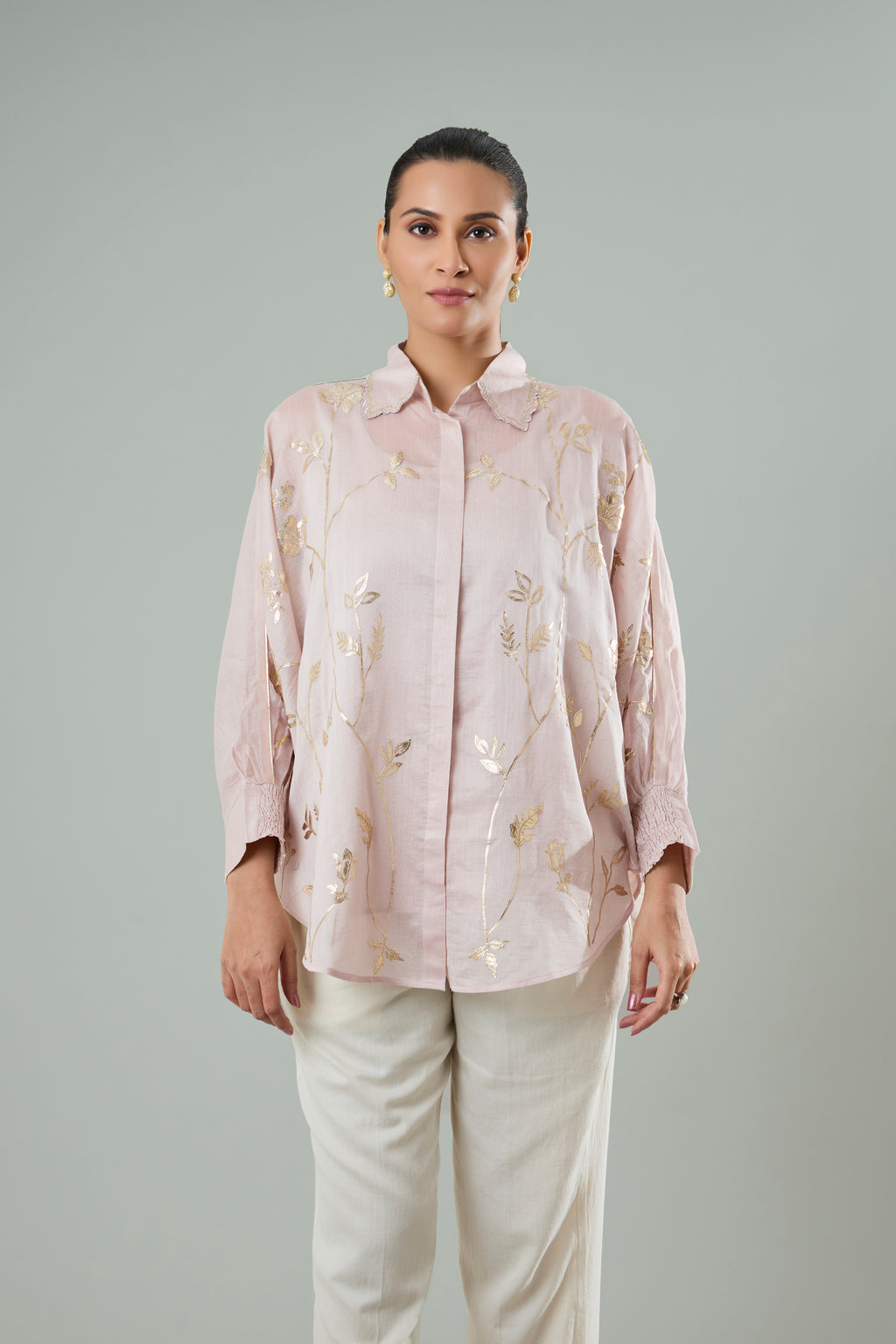 Lilac Embroidered Mul Chanderi Gold Appliqué Top