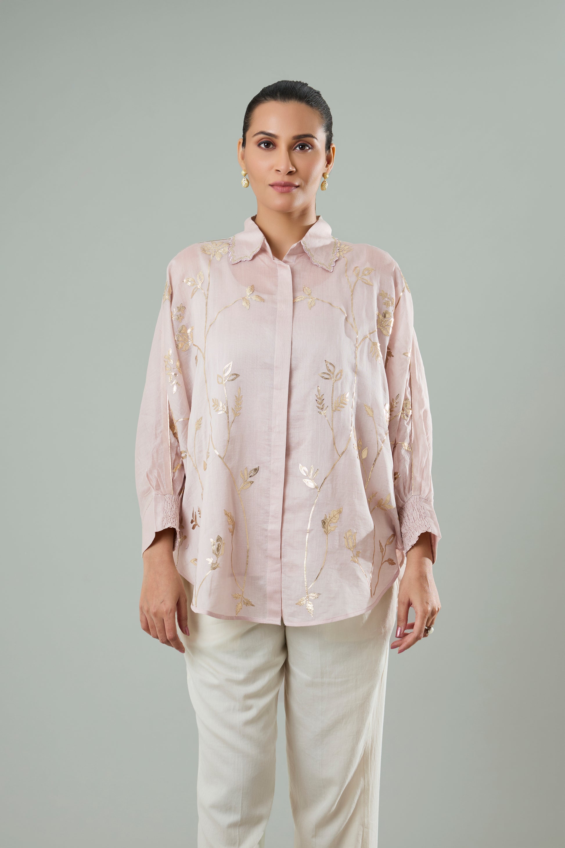 Lilac Embroidered Mul Chanderi Gold Appliqué Top