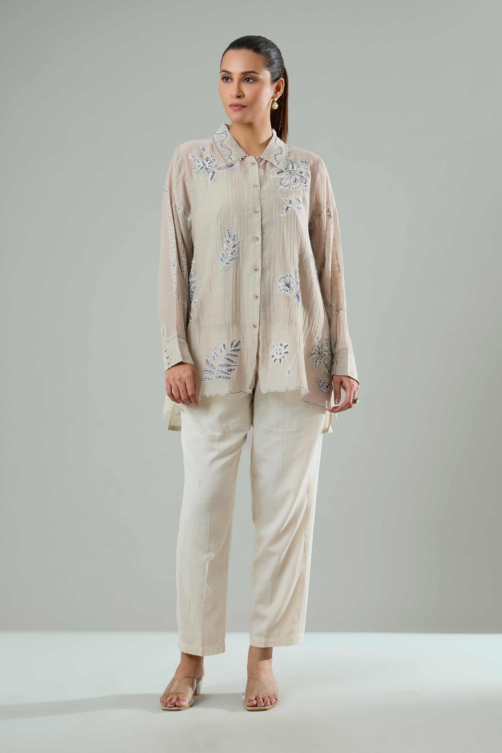 Beige Mul Chanderi Navy Embroidered Appliqué Top