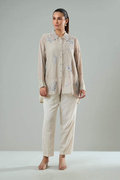 Beige Mul Chanderi Navy Embroidered Appliqué Top