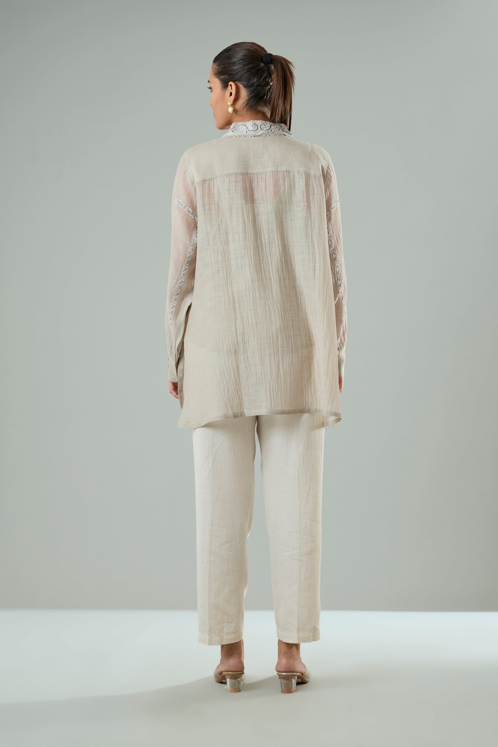 Beige Mul Chanderi Navy Embroidered Appliqué Top