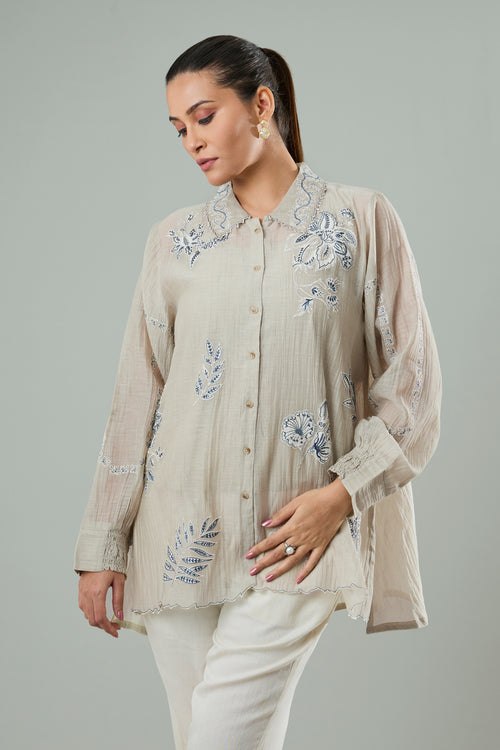 Beige Mul Chanderi Navy Embroidered Appliqué Top