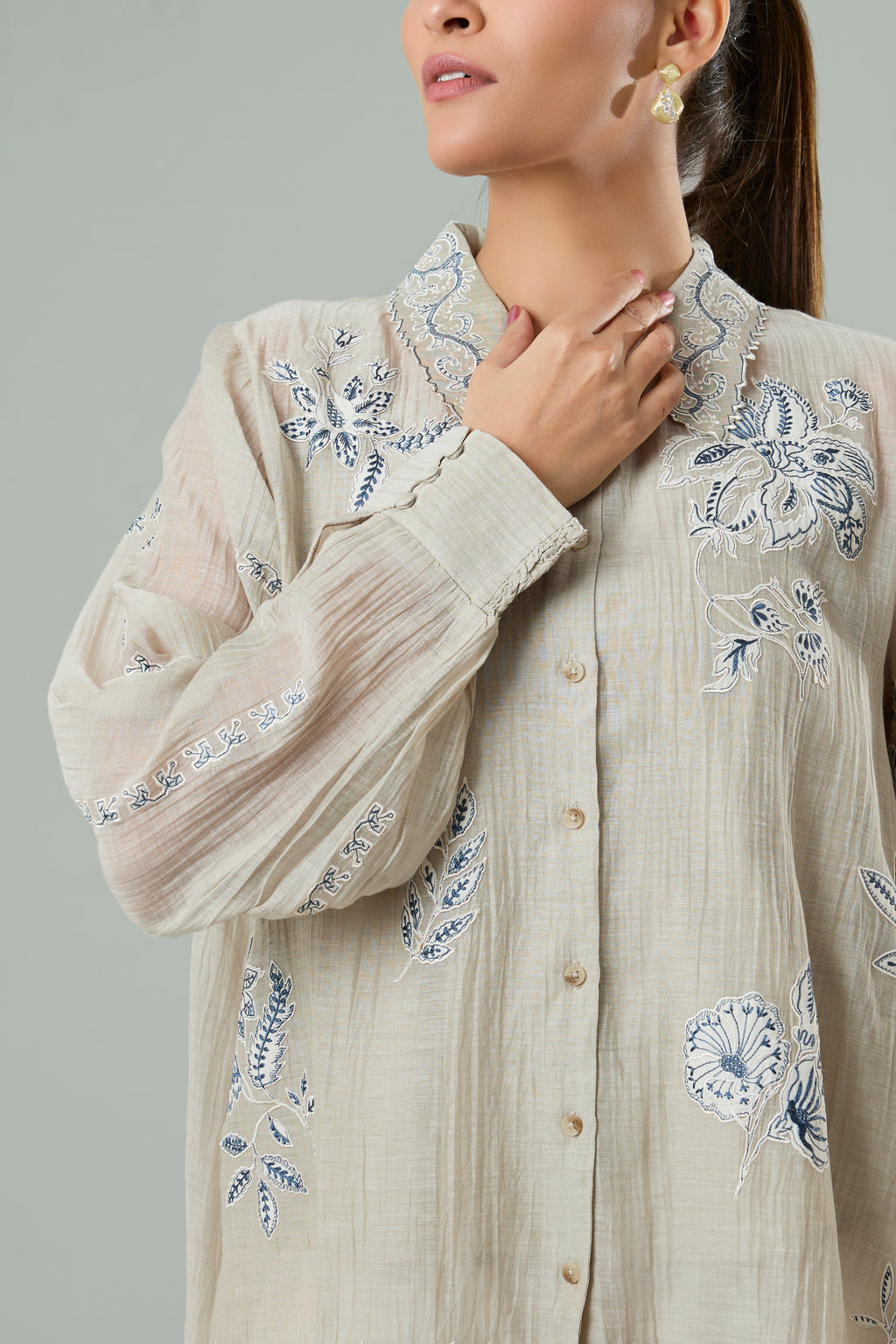 Beige Mul Chanderi Navy Embroidered Appliqué Top