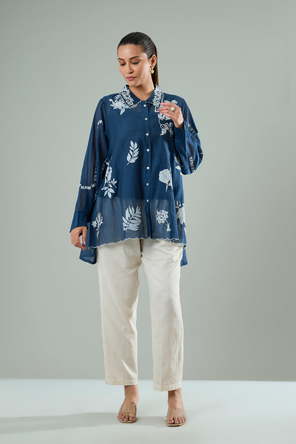 Navy Mul Chanderi Embroidered Appliqué Top