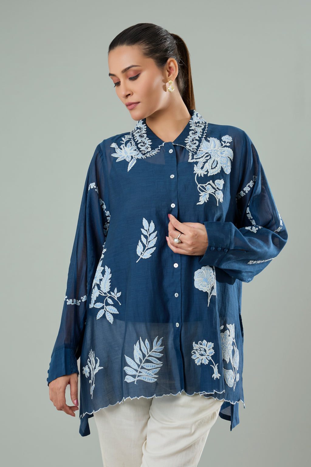 Navy Mul Chanderi Embroidered Appliqué Top
