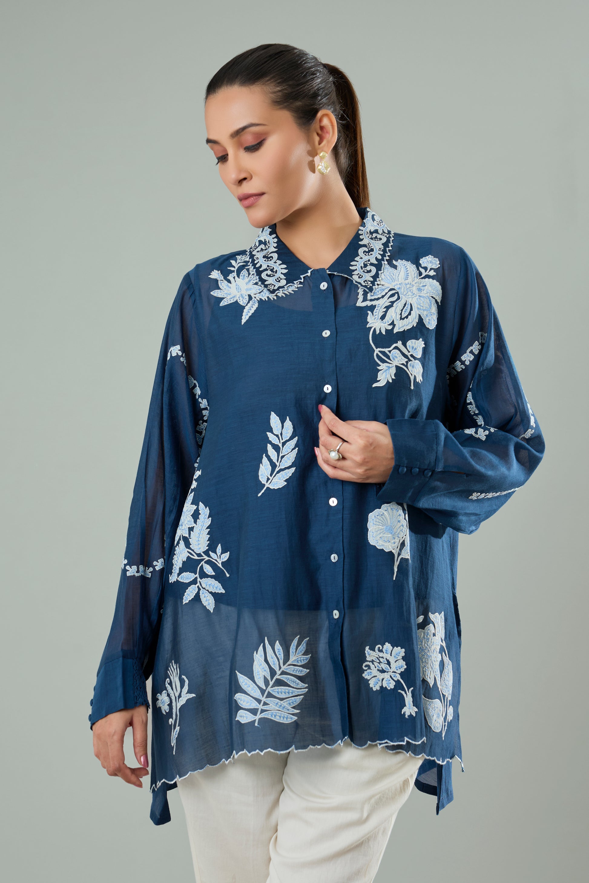 Navy Mul Chanderi Embroidered Appliqué Top