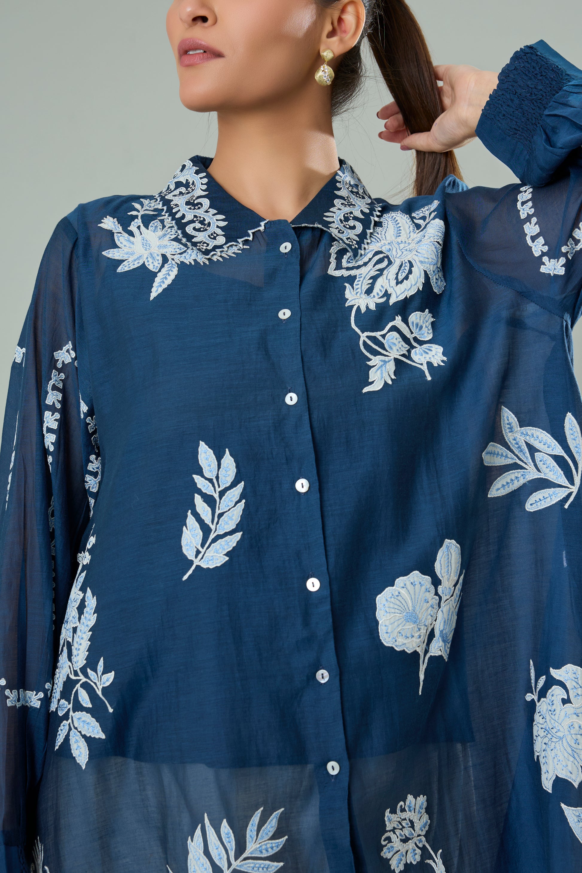 Navy Mul Chanderi Embroidered Appliqué Top