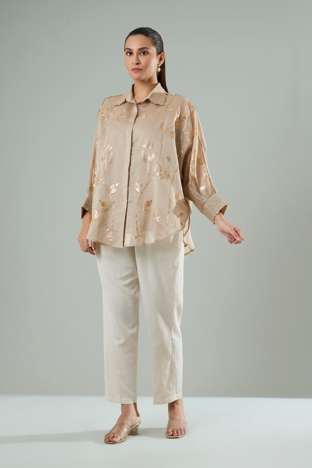 Taupe Embroidered Mul Chanderi Gold Appliqué Top