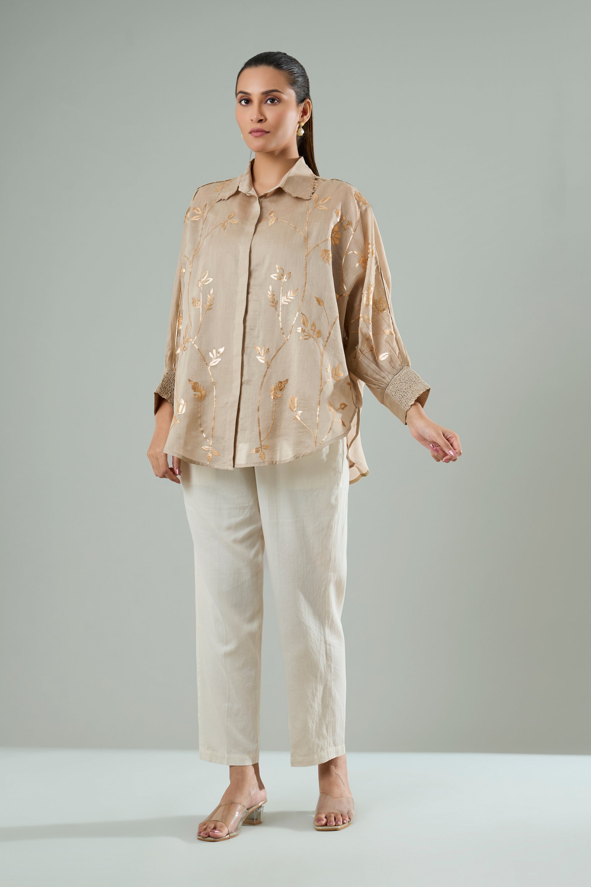 Taupe Embroidered Mul Chanderi Gold Appliqué Top