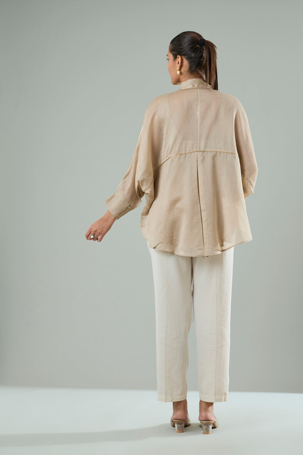 Taupe Embroidered Mul Chanderi Gold Appliqué Top