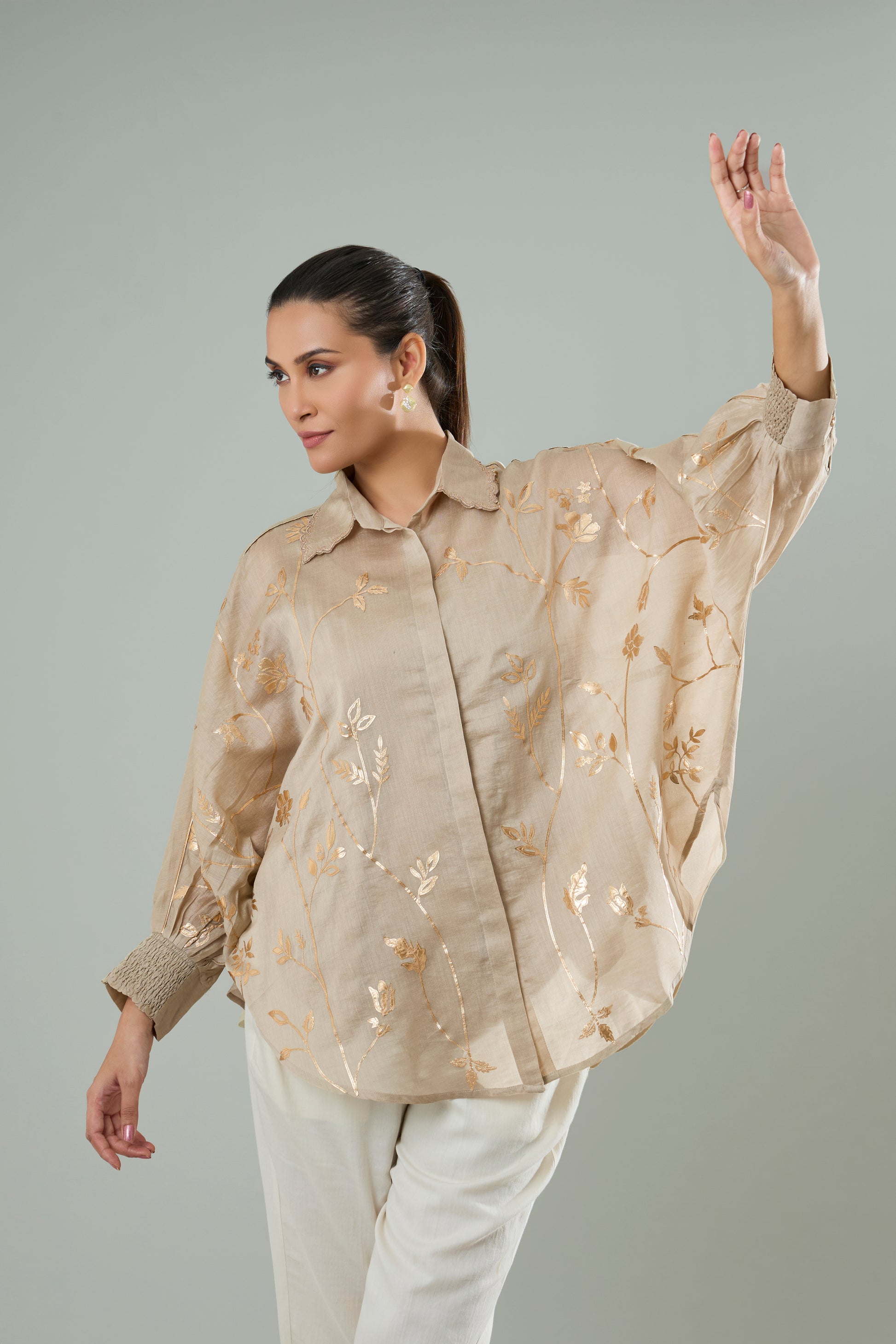Taupe Embroidered Mul Chanderi Gold Appliqué Top