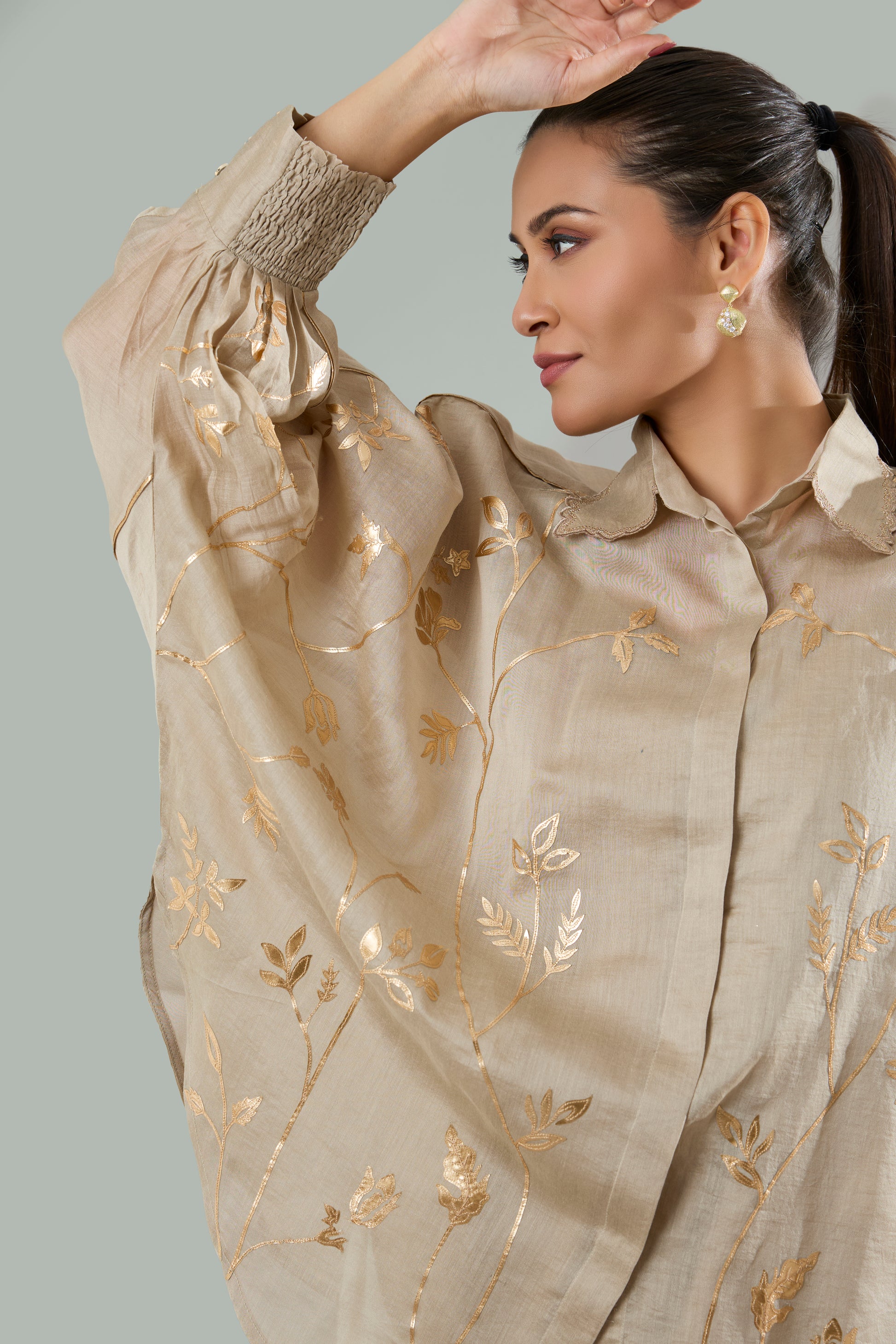 Taupe Embroidered Mul Chanderi Gold Appliqué Top