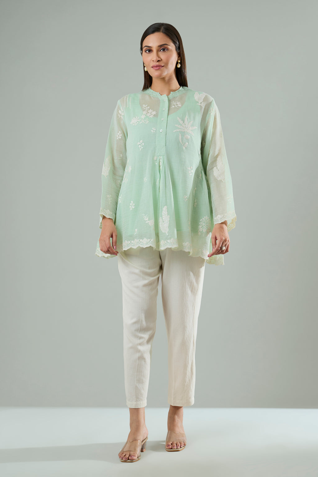 Light Pistachio Mul Chanderi Cream Floral Appliqué Top
