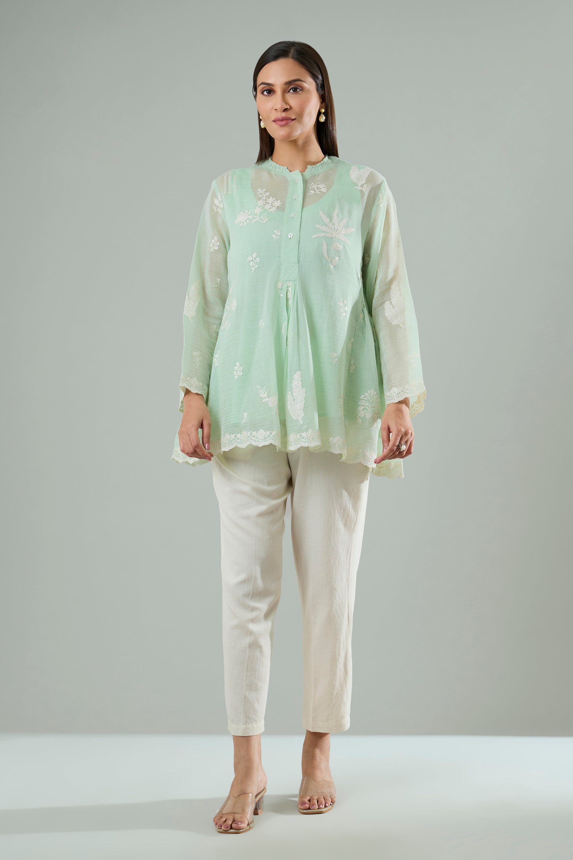 Light Pistachio Mul Chanderi Cream Floral Appliqué Top
