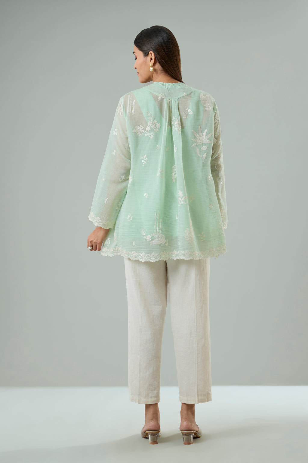 Light Pistachio Mul Chanderi Cream Floral Appliqué Top